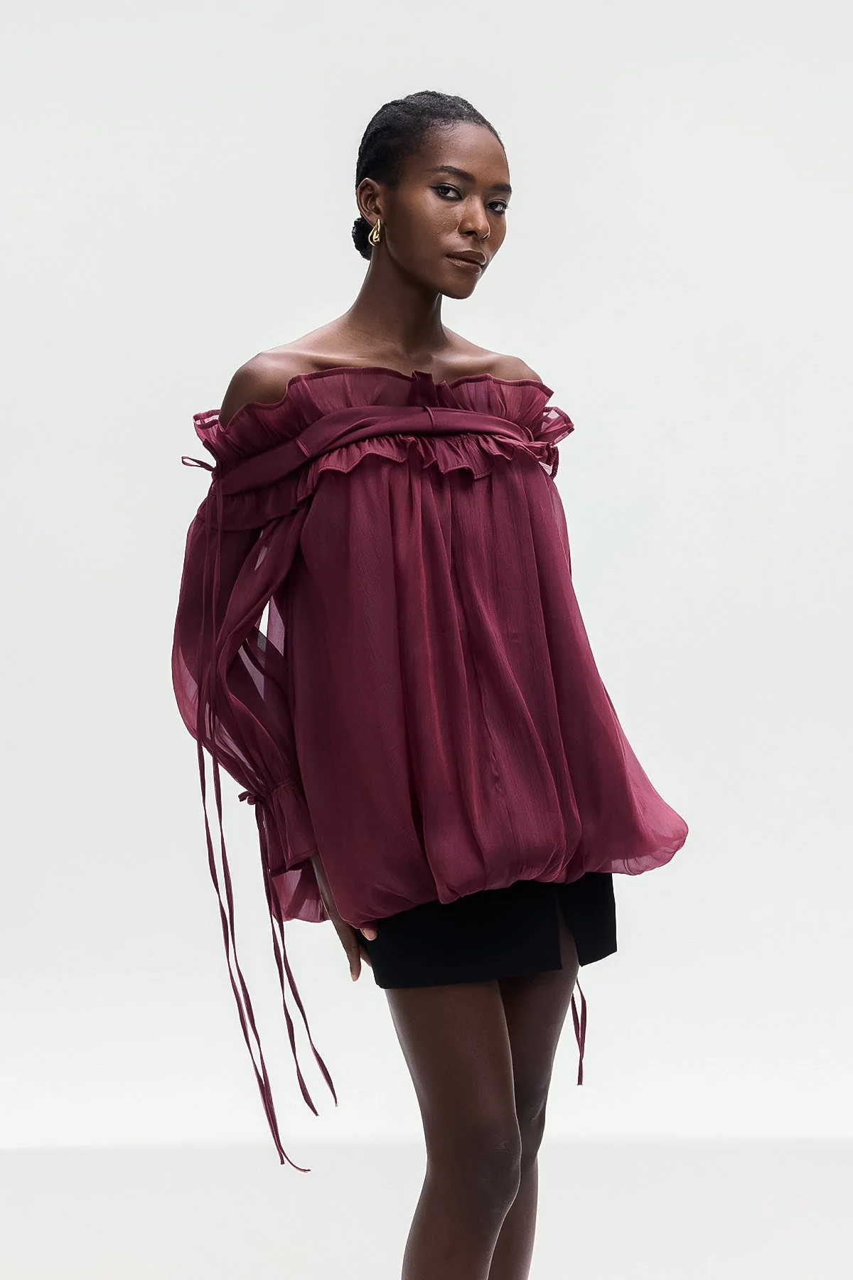 Red Mesh Ruffle Off Shoulder Top