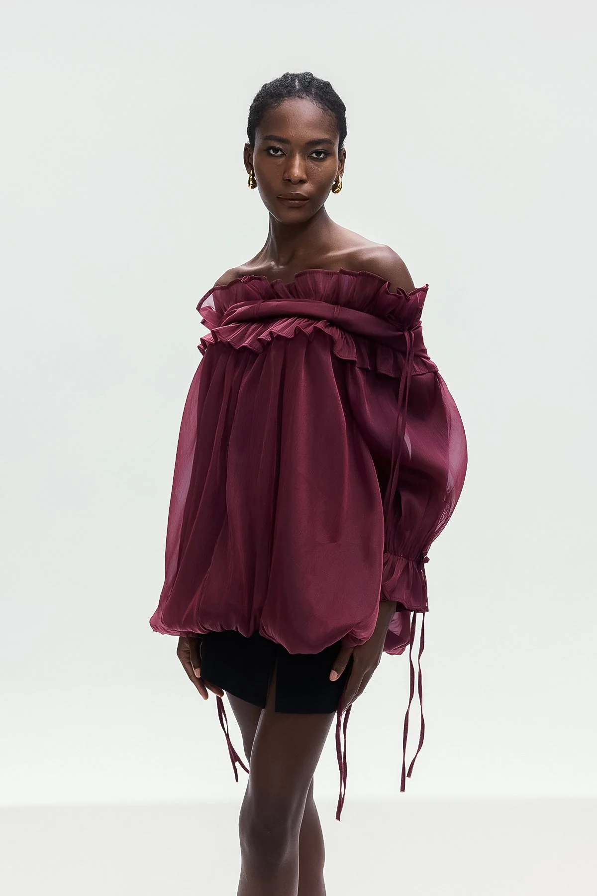 Red Mesh Ruffle Off Shoulder Top