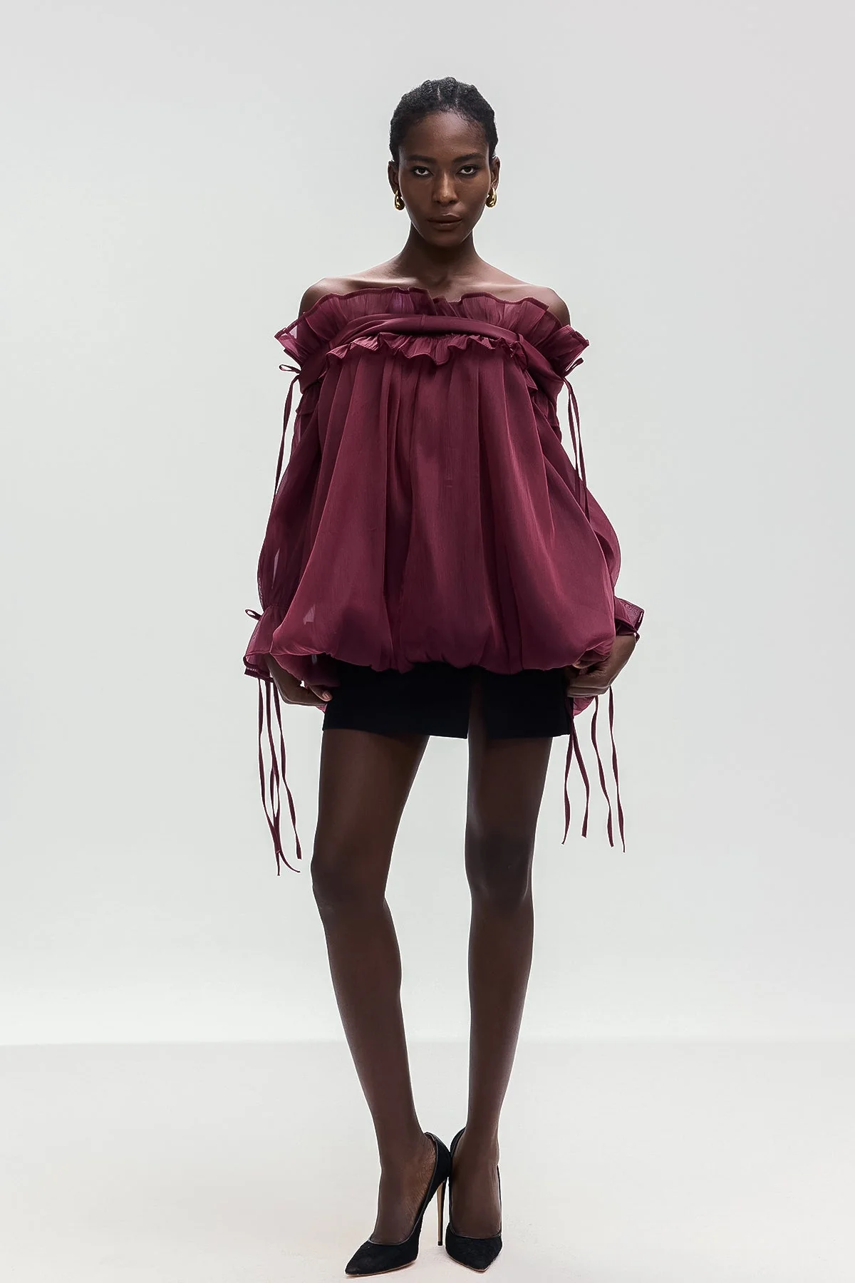 Red Mesh Ruffle Off Shoulder Top