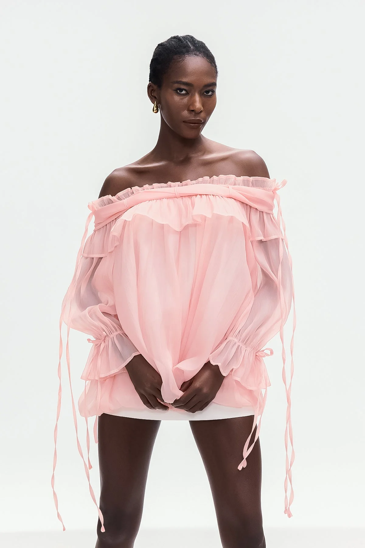 Pink Mesh Ruffle Top with Off-Shoulder Style