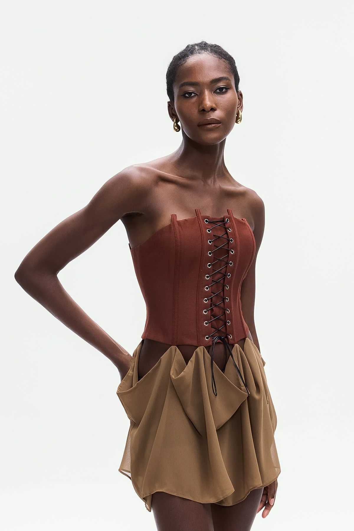 Brown Corset Lace-Up Mini Dress