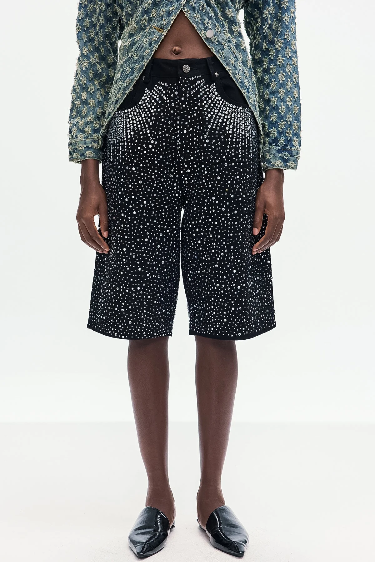 Black Rhinestone Embellished Midi Jeans