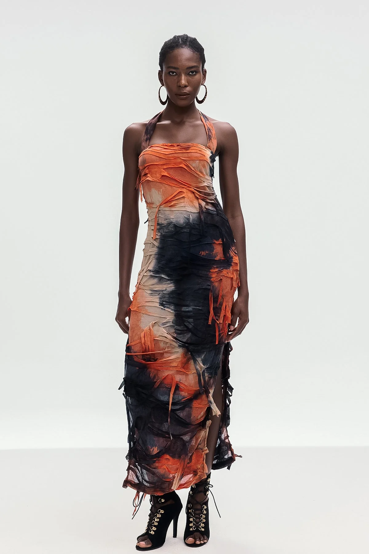 Bohemian Orange Tie Dye Fringe Maxi Dress