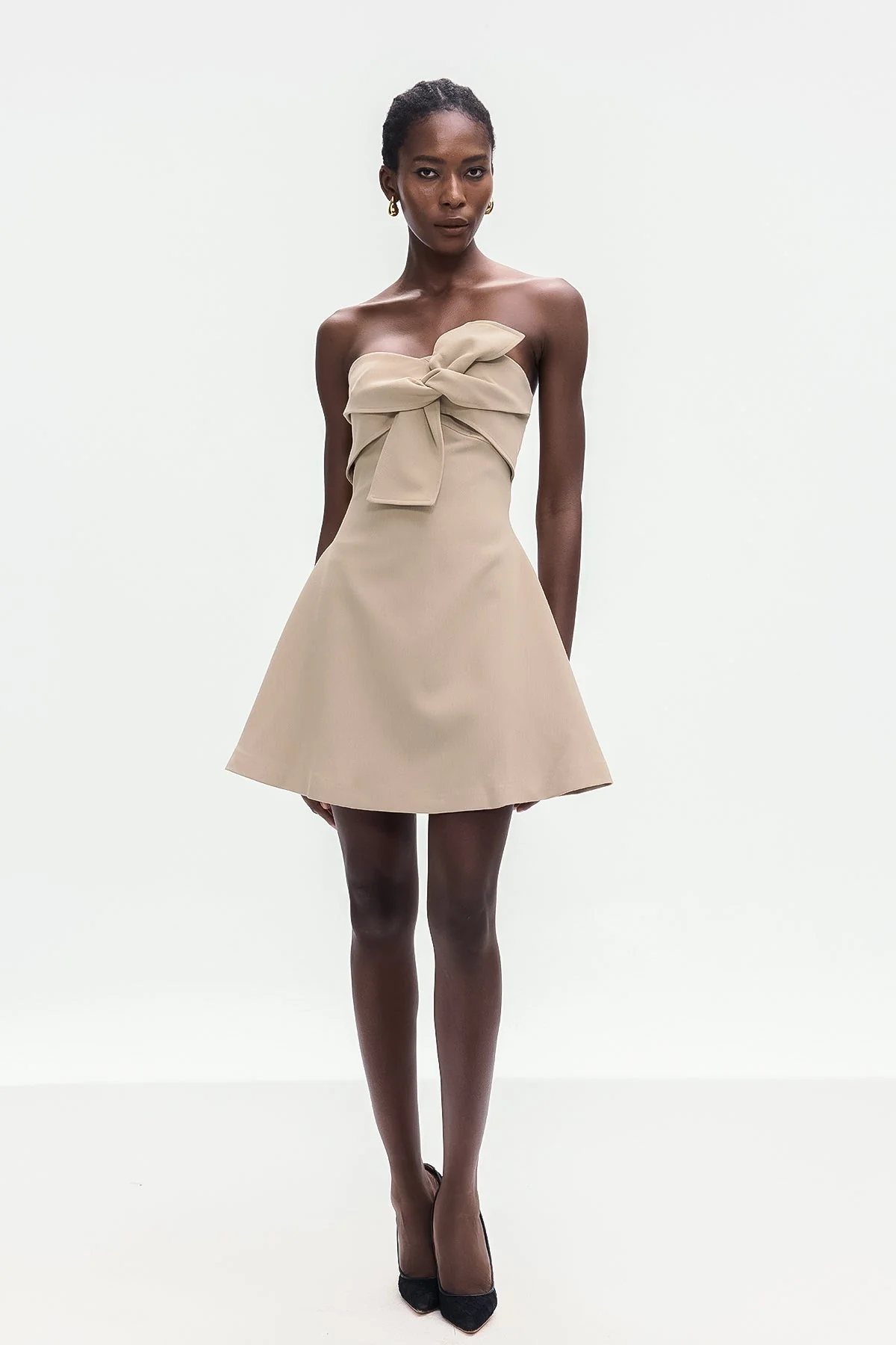 Beige Lace-Up Strapless Mini Dress