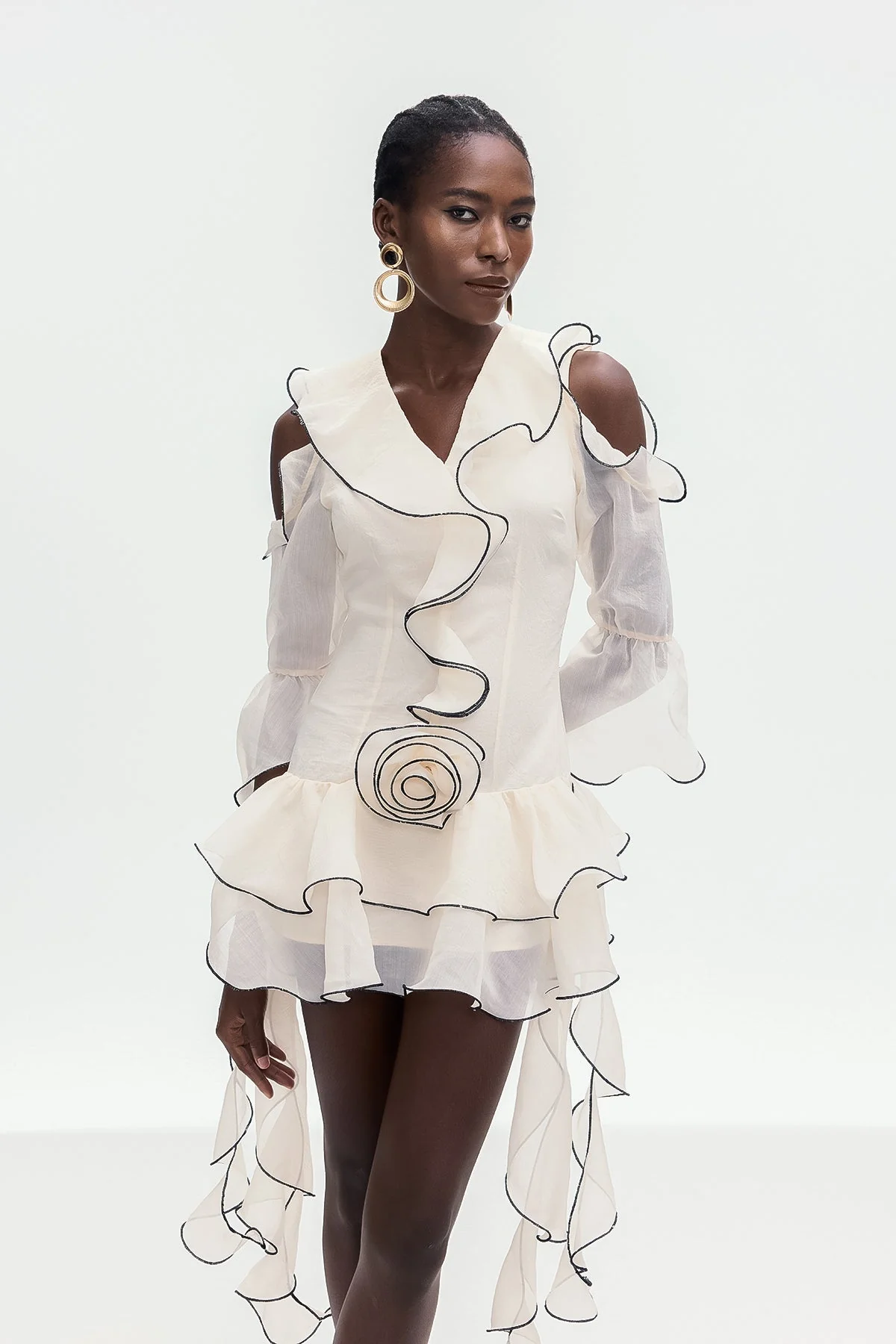 White Ruffle Floral Fringe Mini Dress