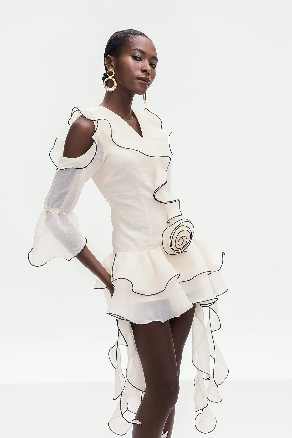 White Ruffle Floral Fringe Mini Dress