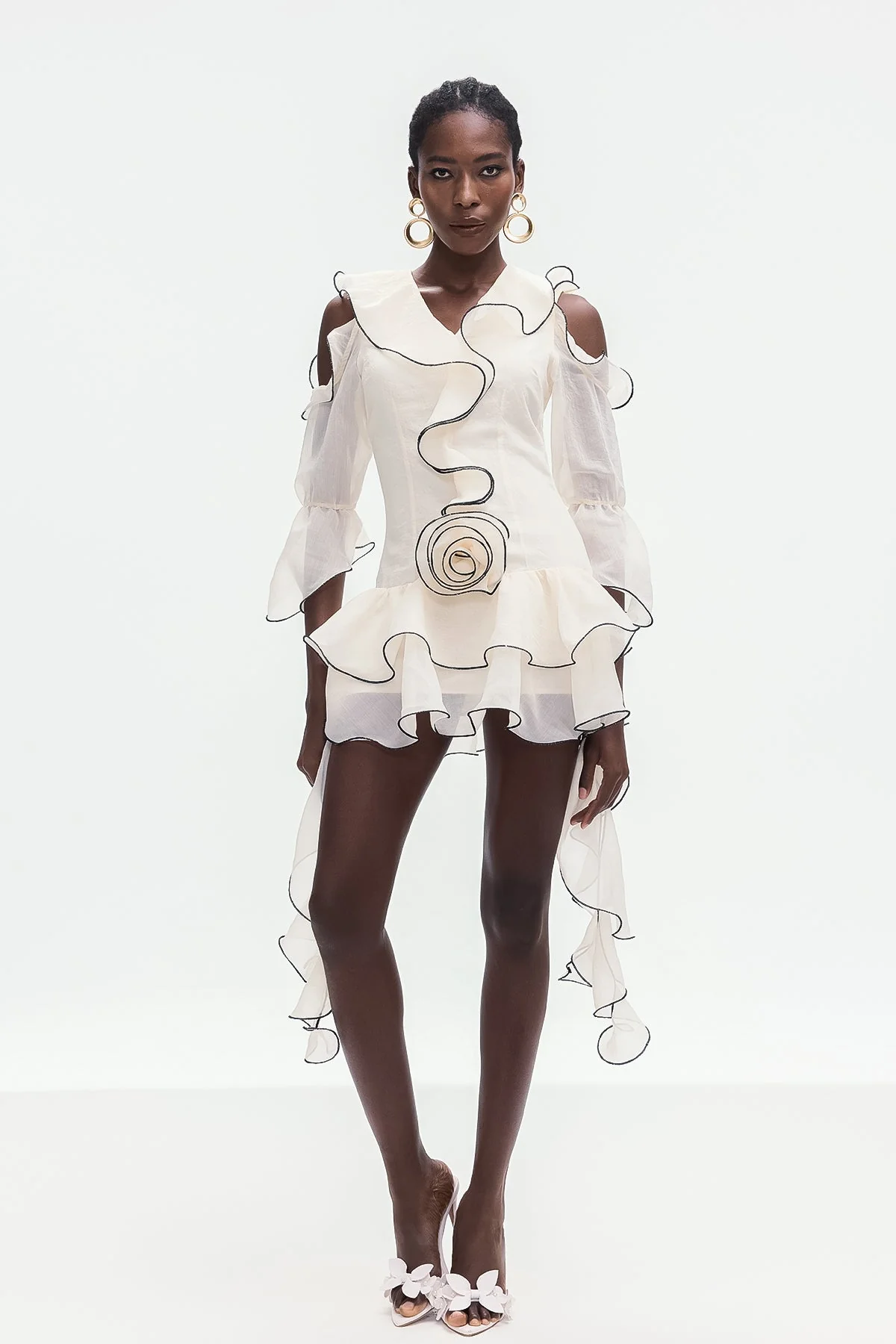 White Ruffle Floral Fringe Mini Dress