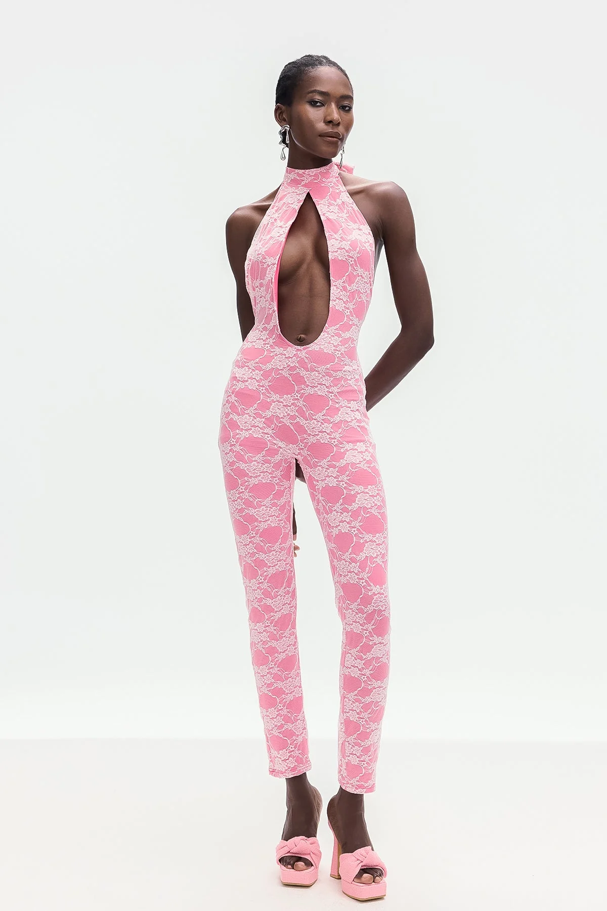 Pink Lace Cutout Jumpsuit for Elegant Events