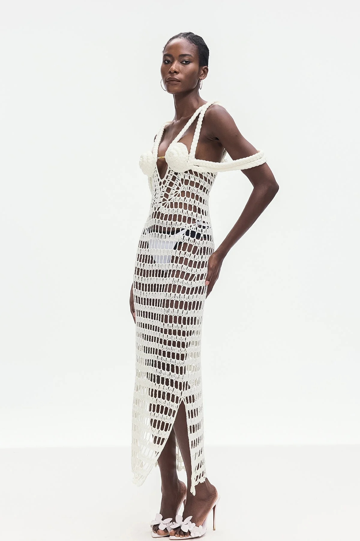 White Knit Maxi Dress with Chic Cutout Design