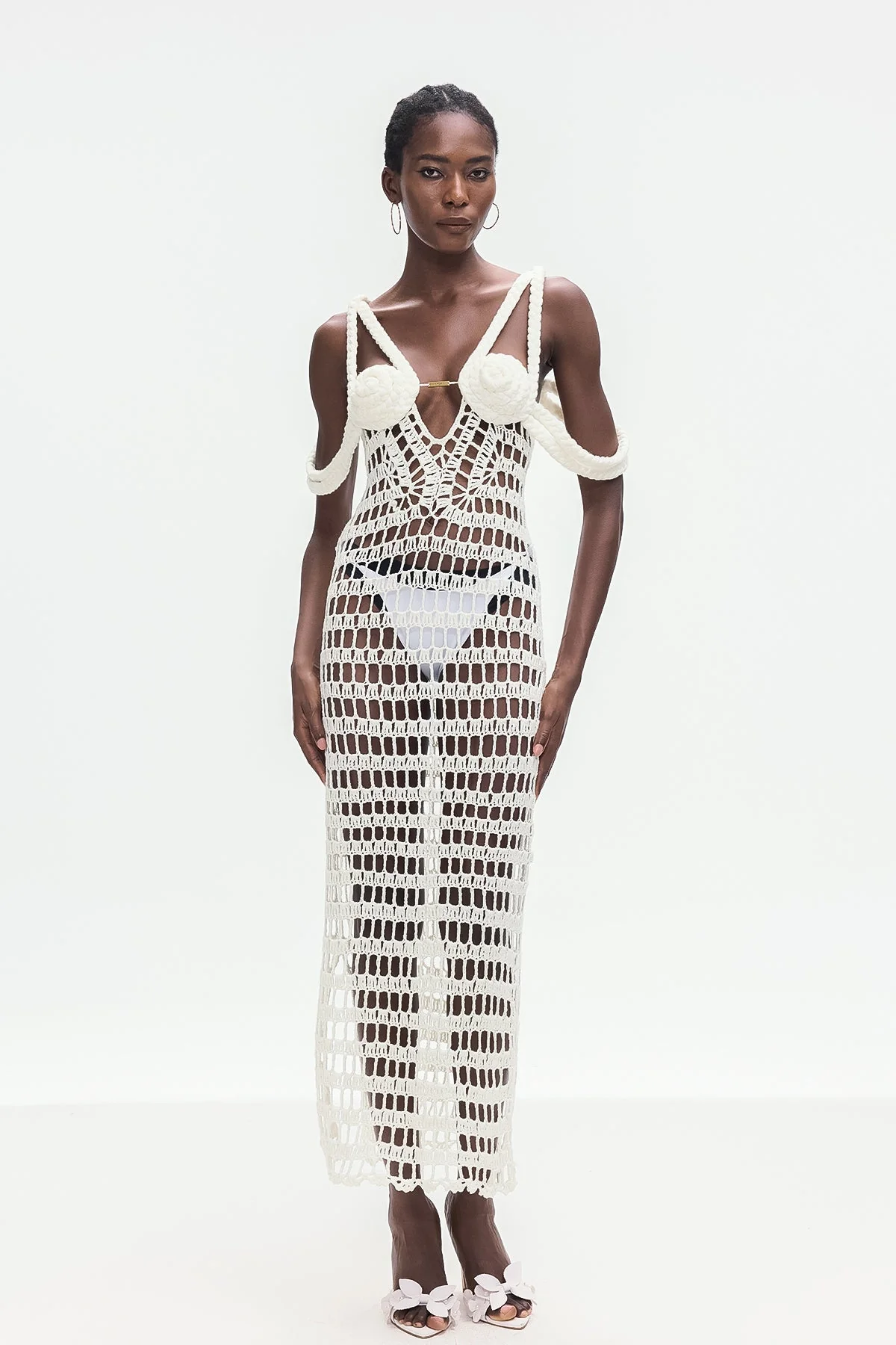 White Knit Maxi Dress with Chic Cutout Design