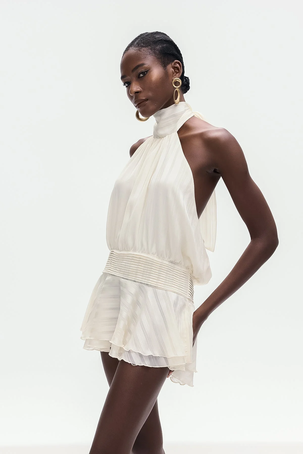 Elegant White Halter Neck Ruffle Mini Dress