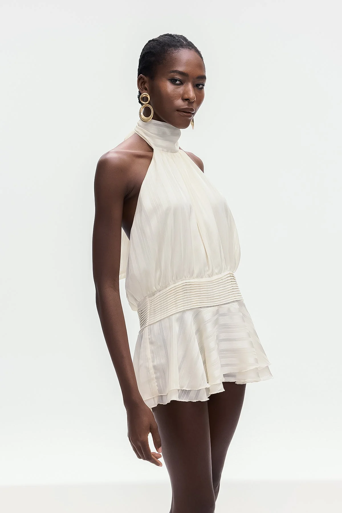 Elegant White Halter Neck Ruffle Mini Dress