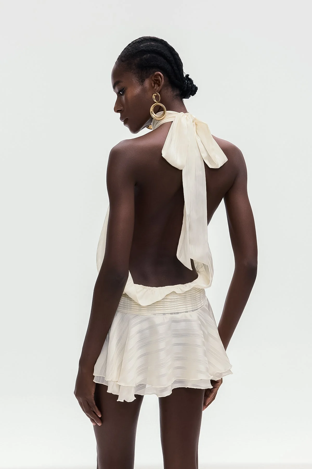 Elegant White Halter Neck Ruffle Mini Dress