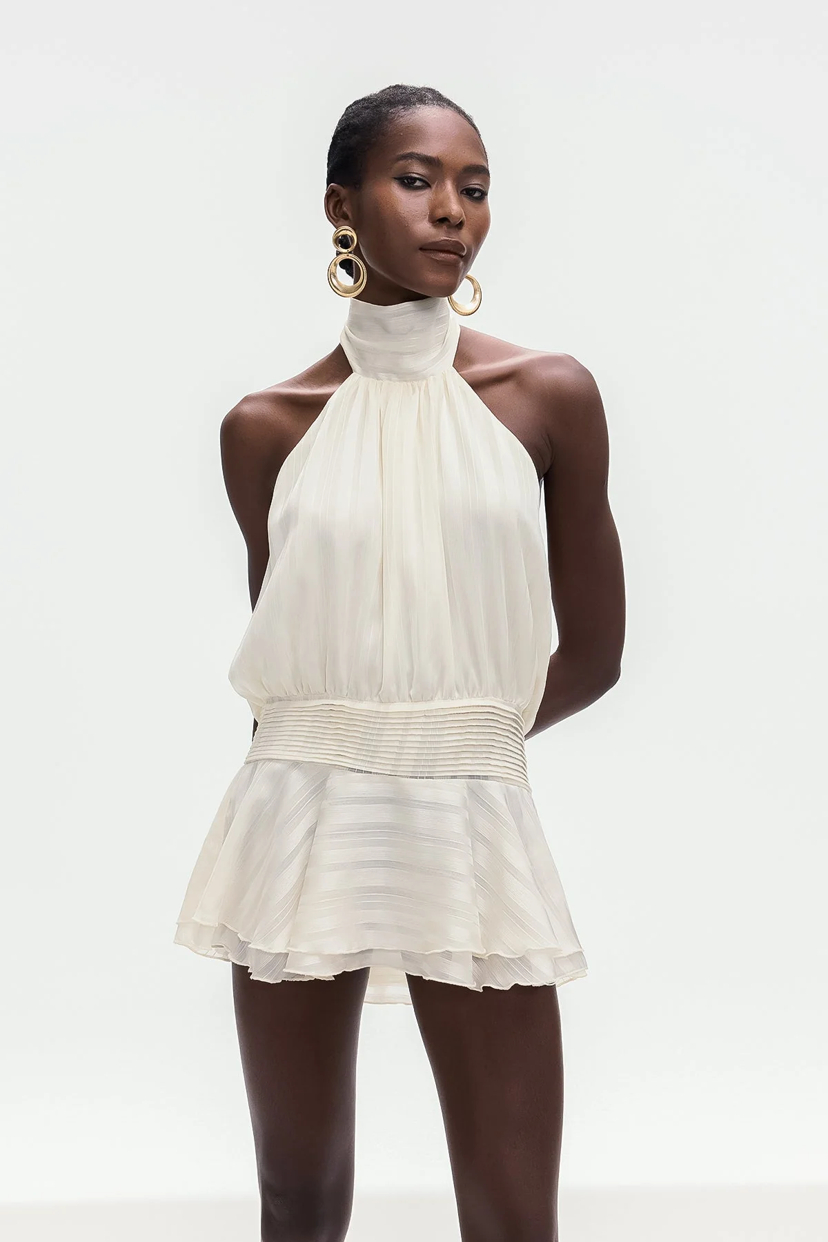 Elegant White Halter Neck Ruffle Mini Dress