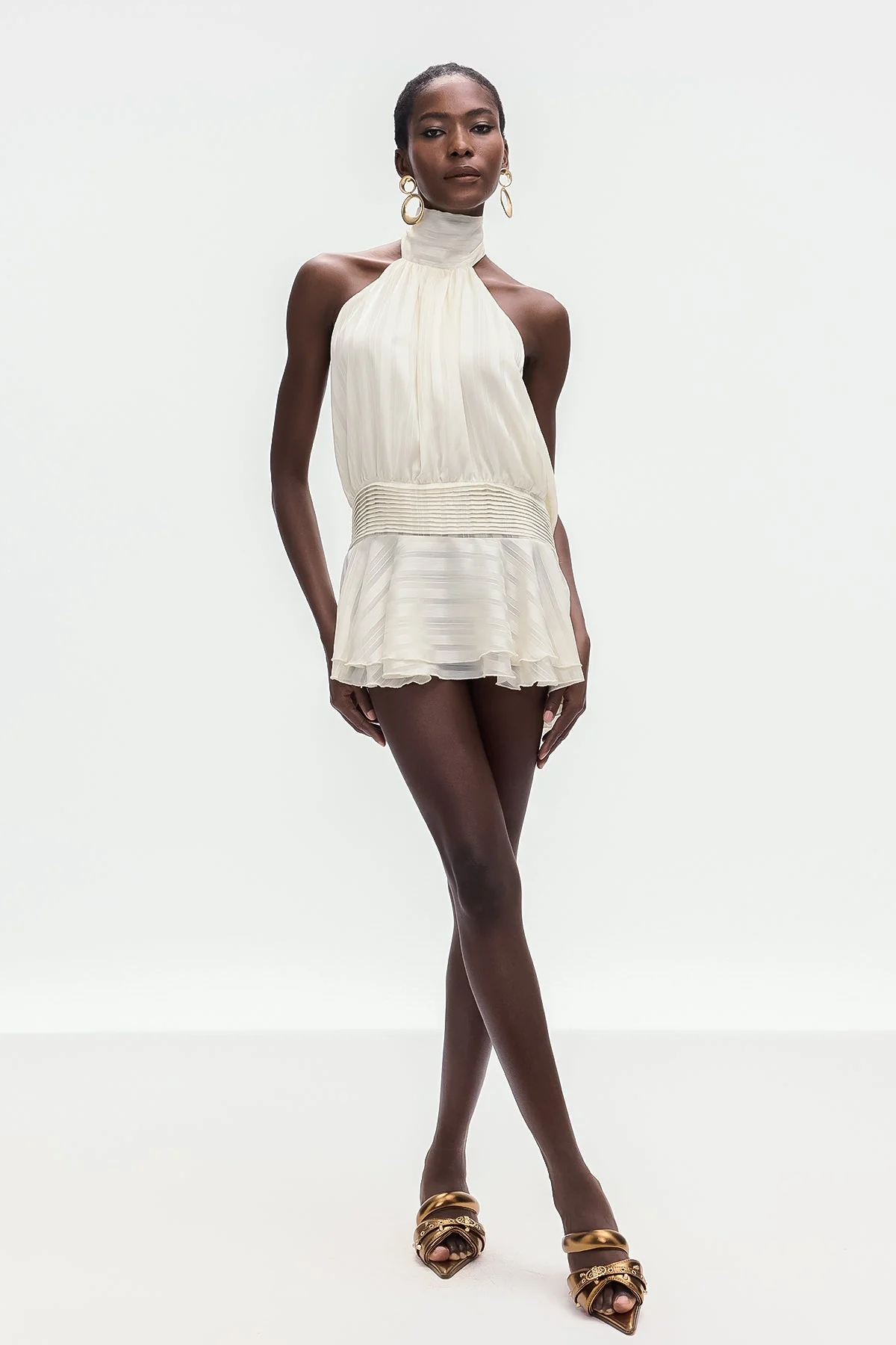 Elegant White Halter Neck Ruffle Mini Dress