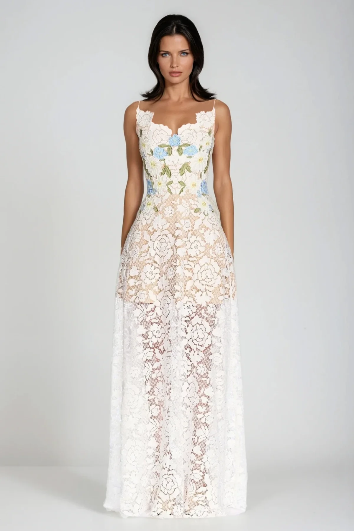 White Lace Floral Maxi Dress