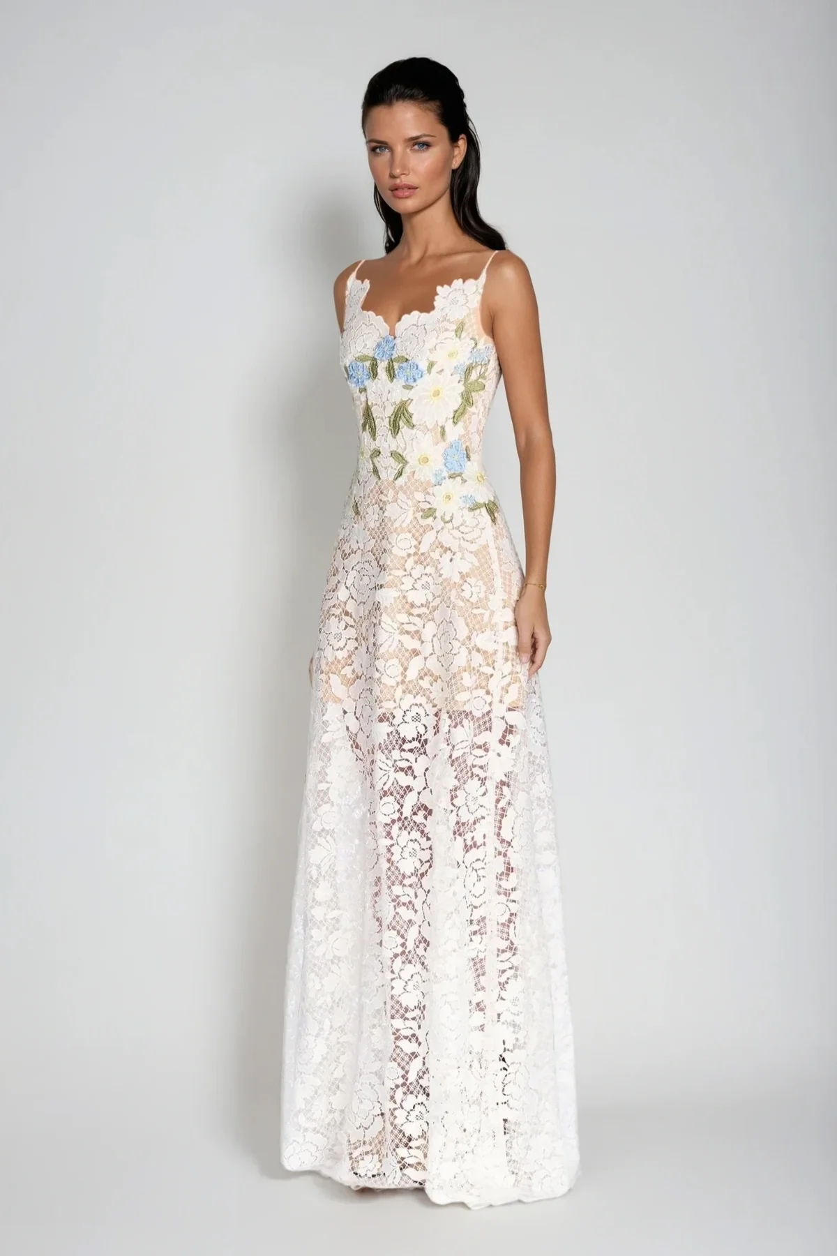 White Lace Floral Maxi Dress