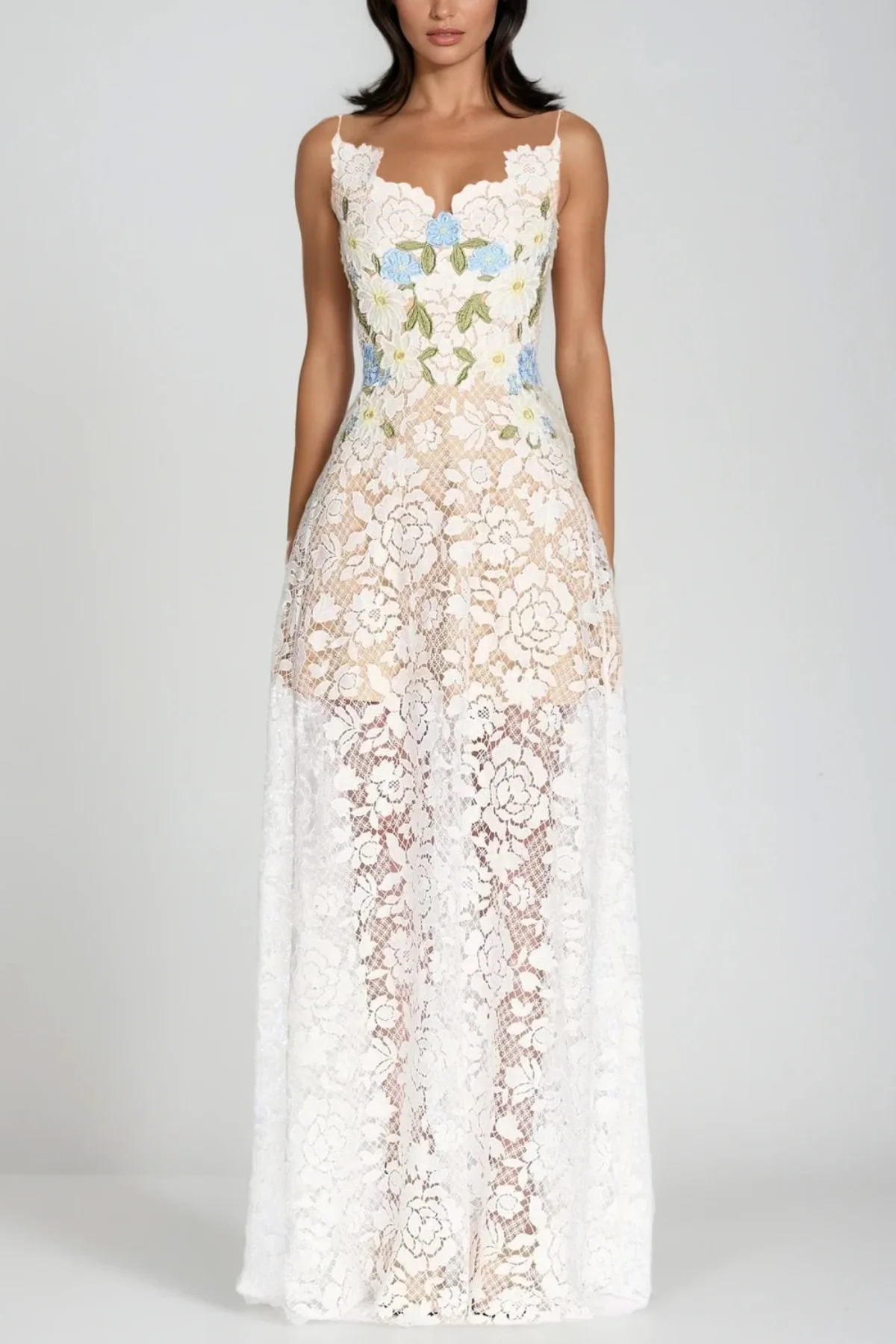 White Lace Floral Maxi Dress