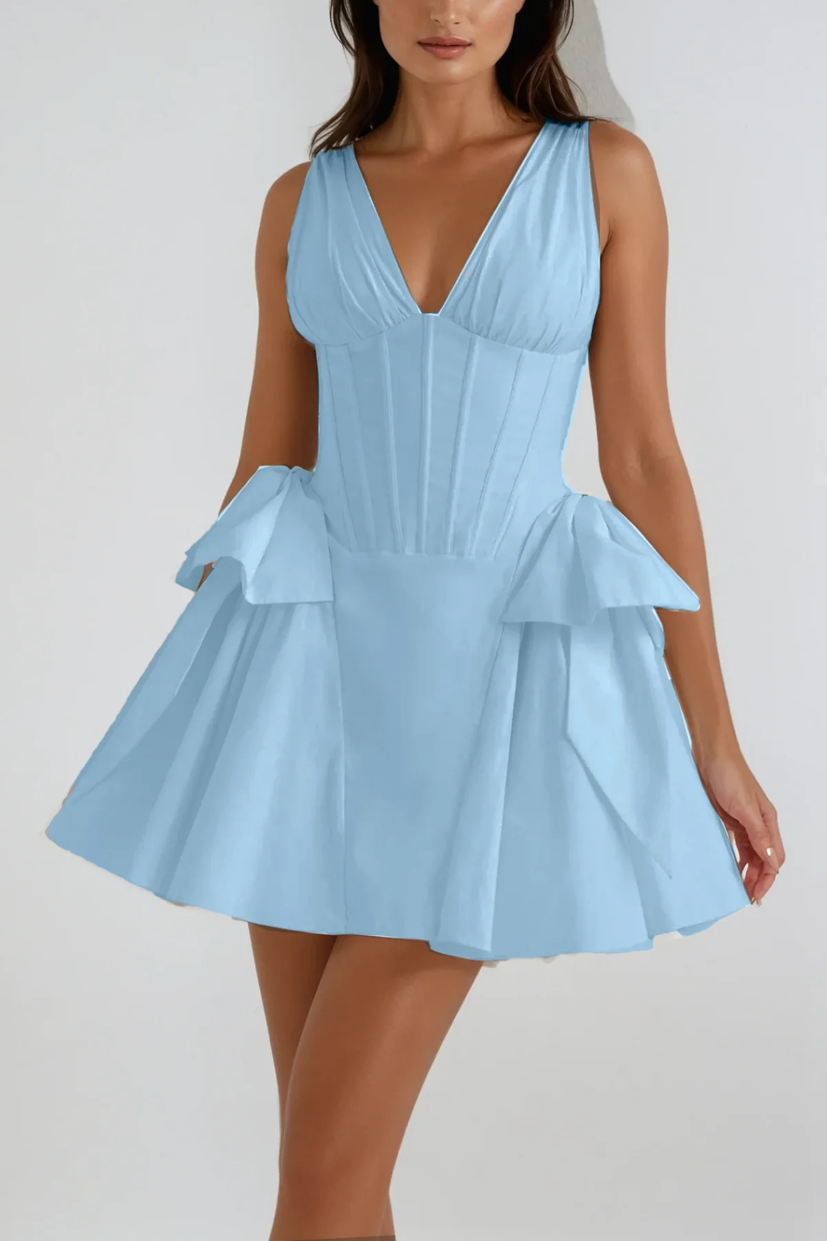 Blue Corset Bow Puffy Dress - Elegant Silhouette Enhancement