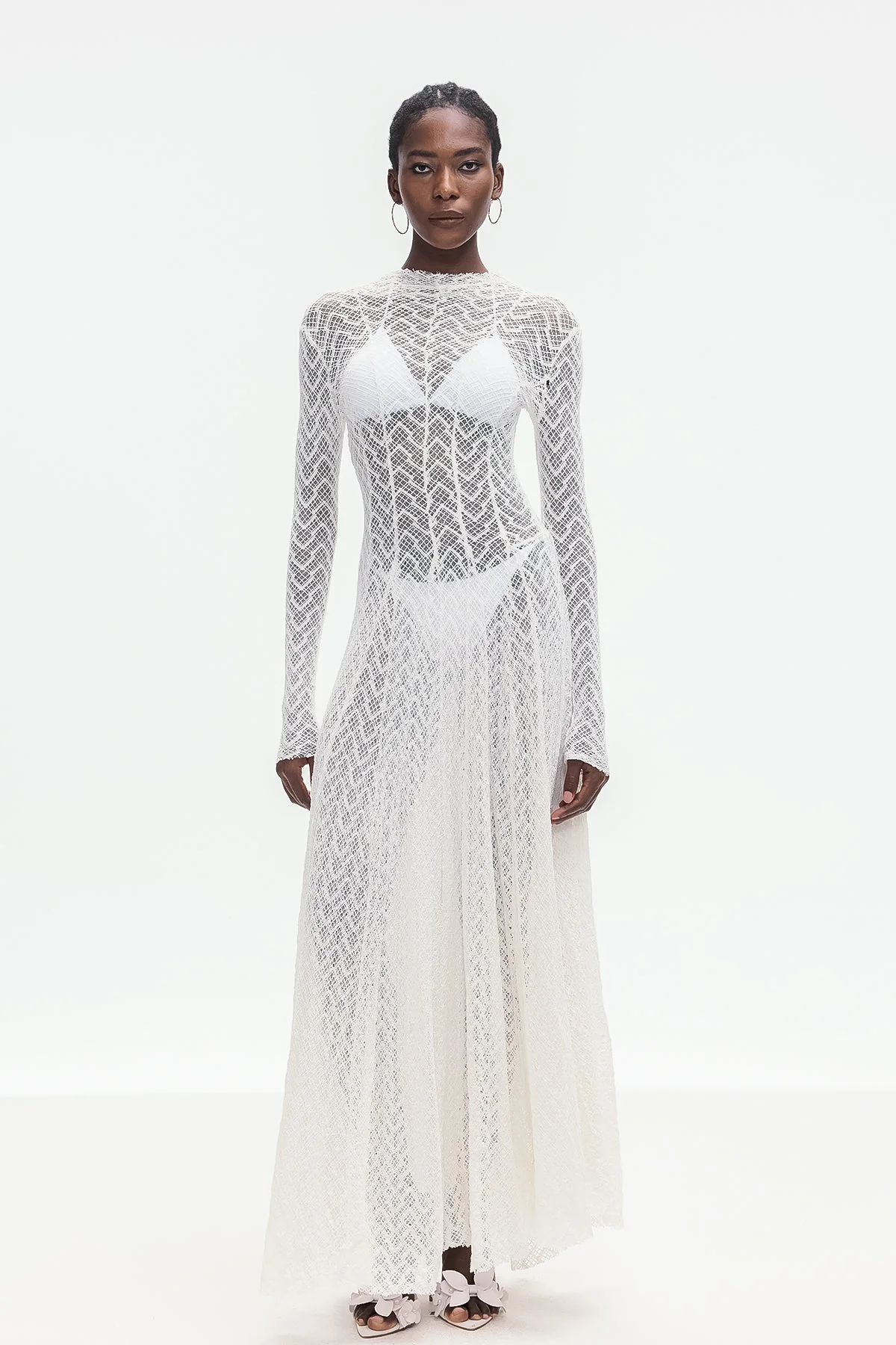 Striped Lace Maxi Dress in White - Elegant & Modern