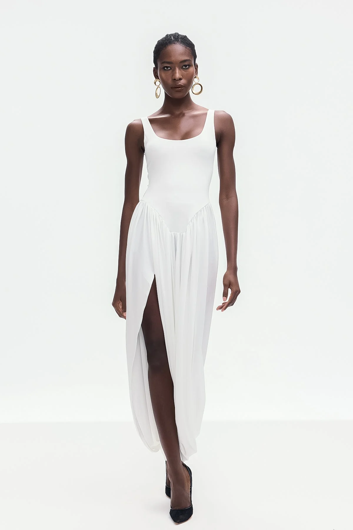 White Ruched Asymmetric Maxi Dress | Elegant Sleeveless Design