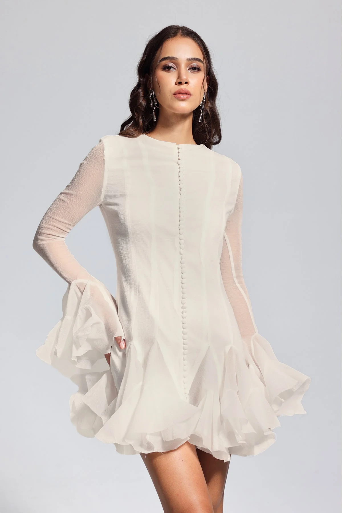 Apricot Mesh Ruffle Mini Dress - Elegant Feminine Style