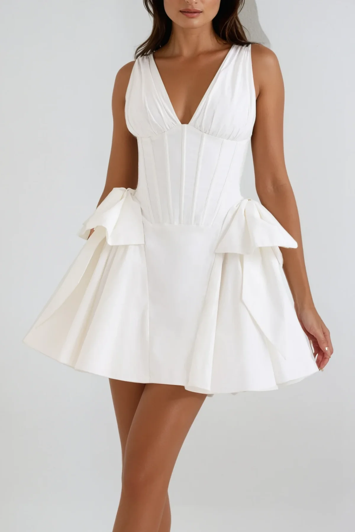 White Corset Bow Puffy Dress - Elegant Formal Attire