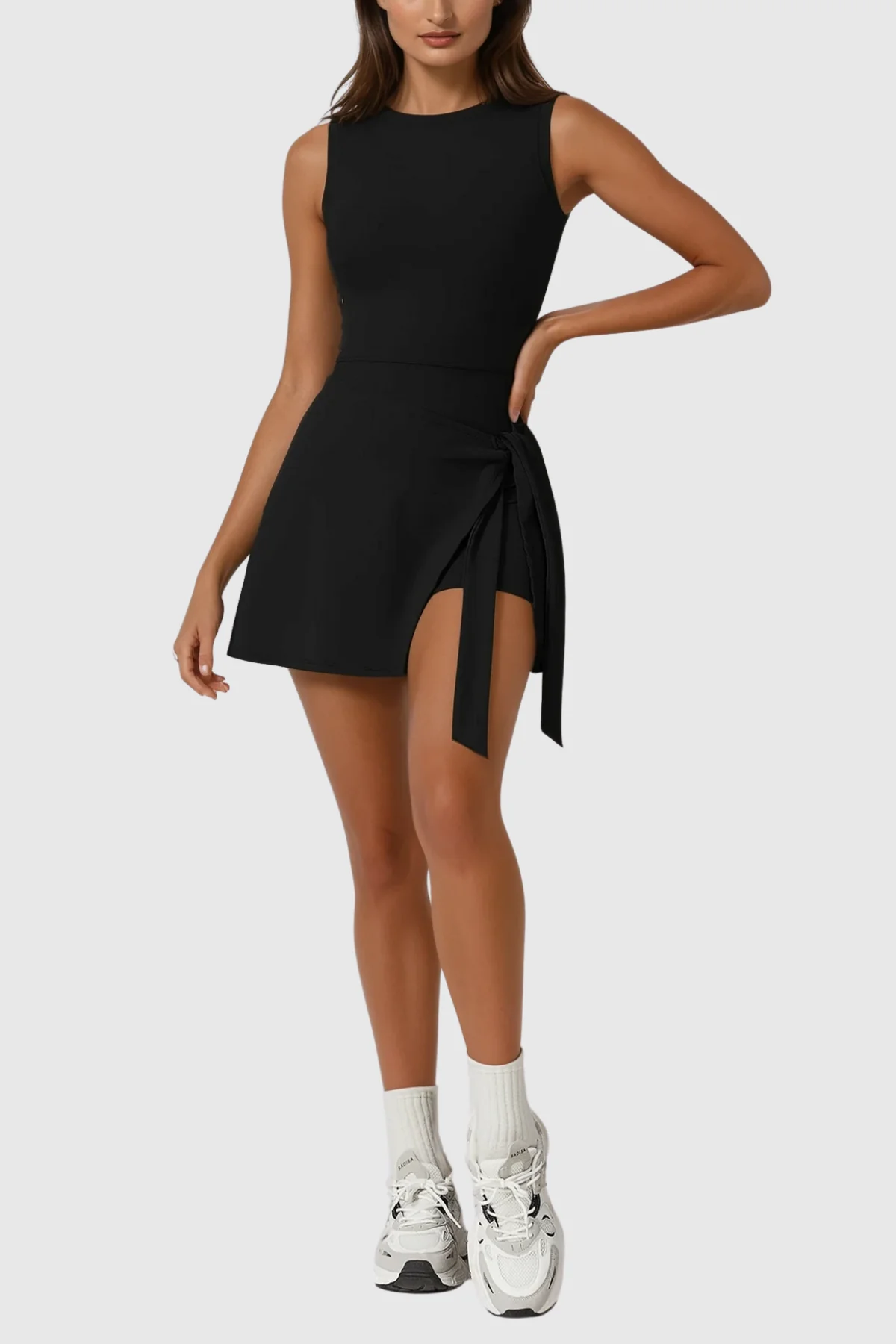 Black Sleeveless Tennis Dress with Moisture-Wicking Fabric