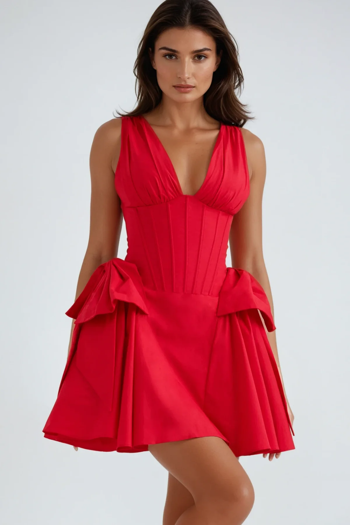 Red Corset Bow Puffy Dress - Elegant Statement Wear