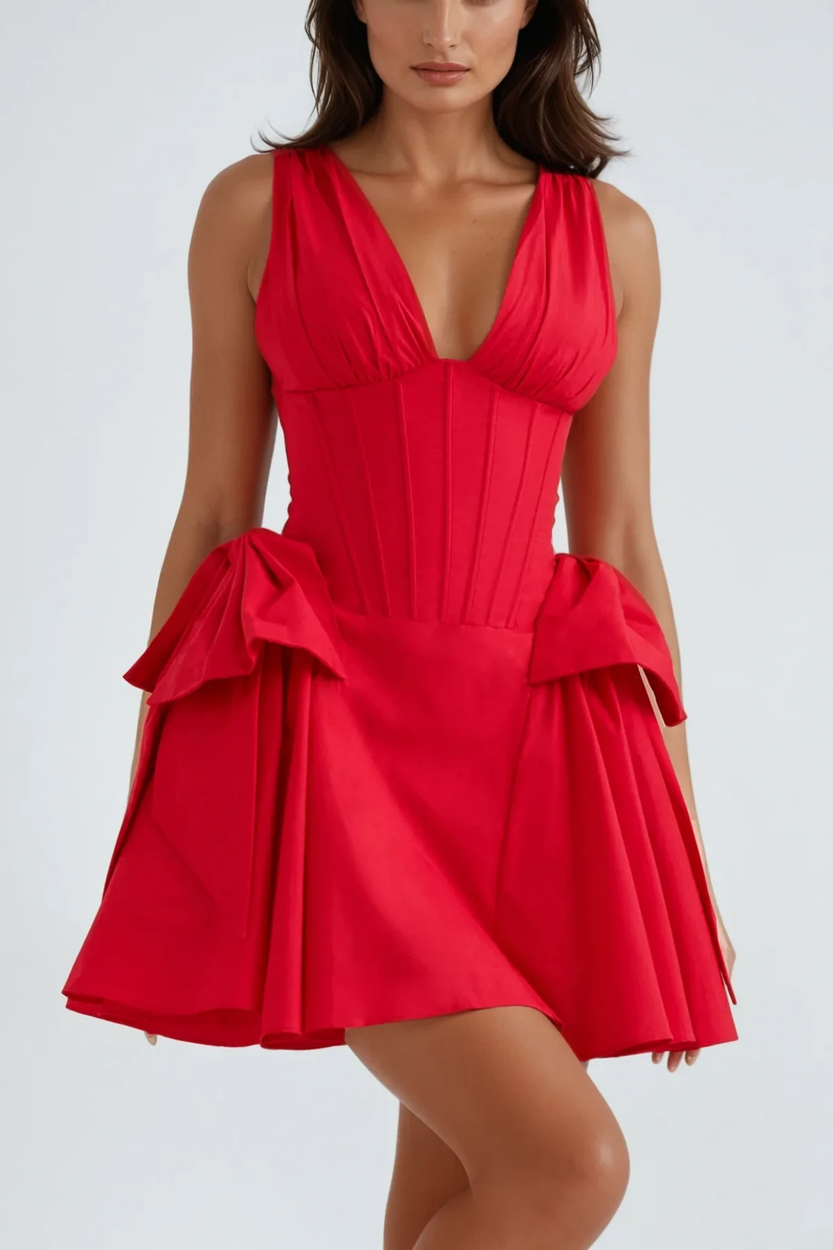 Red Corset Bow Puffy Dress - Elegant Statement Wear