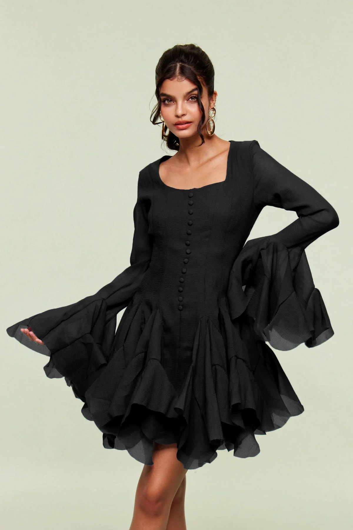 Black Mesh Ruffle Mini Dress - Elegant & Modern Style