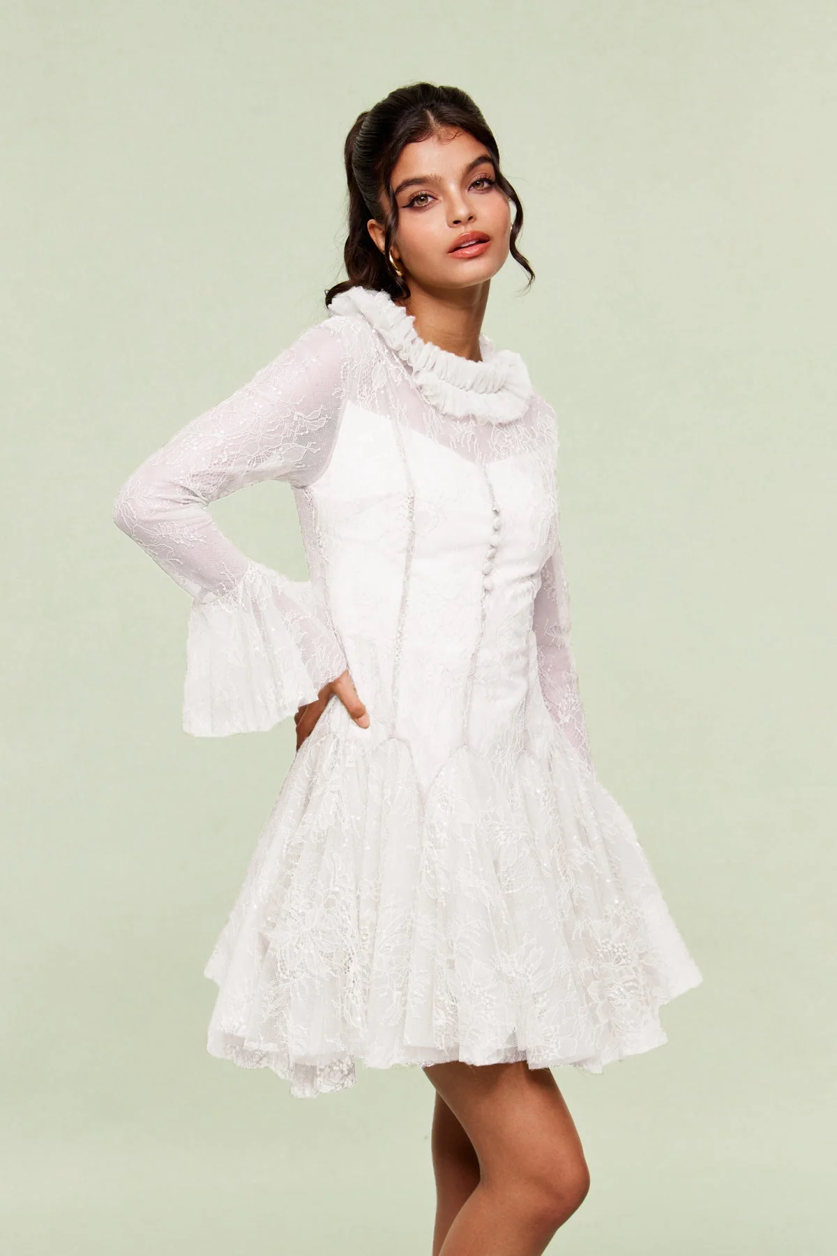 White Lace Ruffle Mini Dress - Elegant Feminine Style