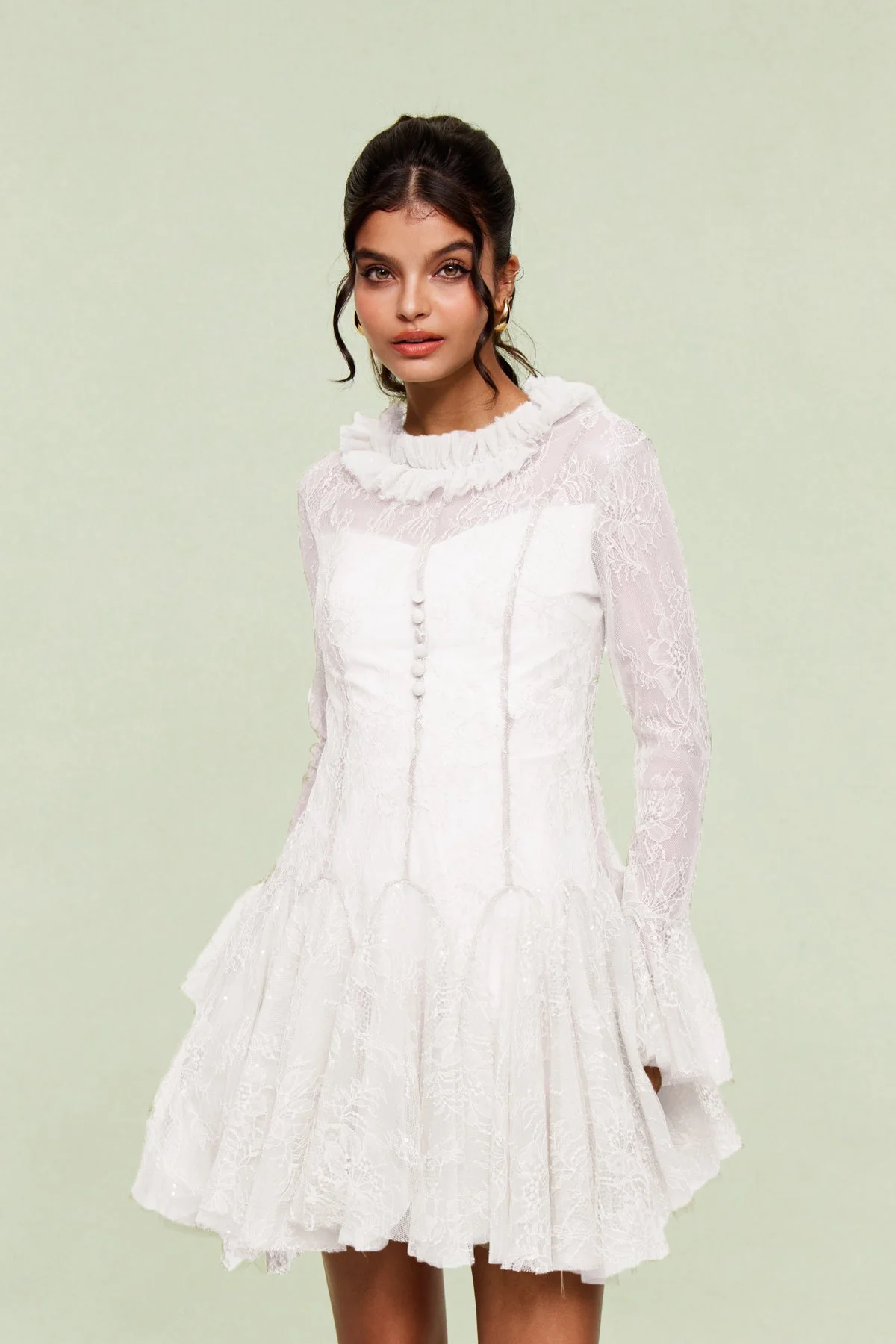 White Lace Ruffle Mini Dress - Elegant Feminine Style