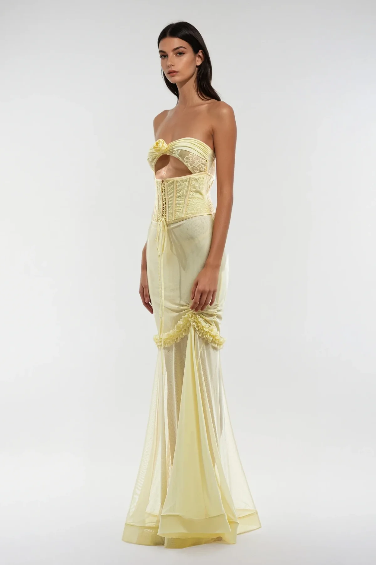 Yellow Mesh Cutout Corset Maxi Dress