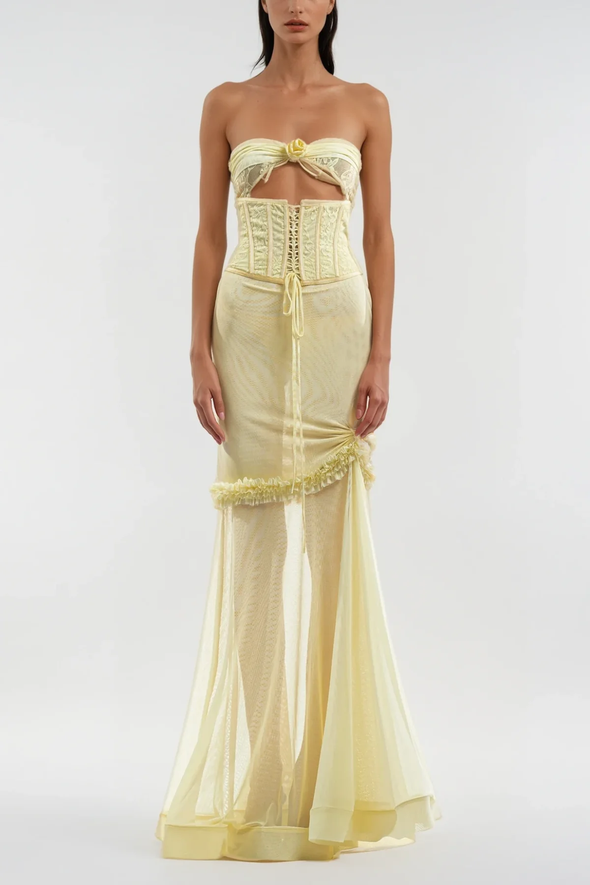 Yellow Mesh Cutout Corset Maxi Dress