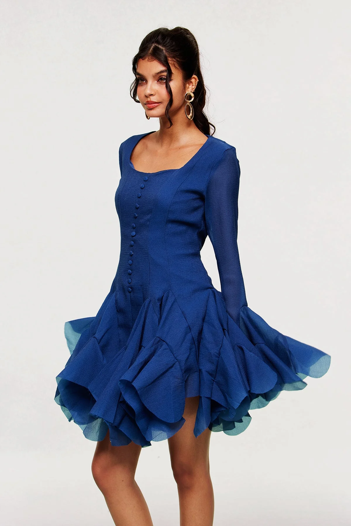 Ruffle Mesh Deep Blue Mini Dress Elegant Evening Wear