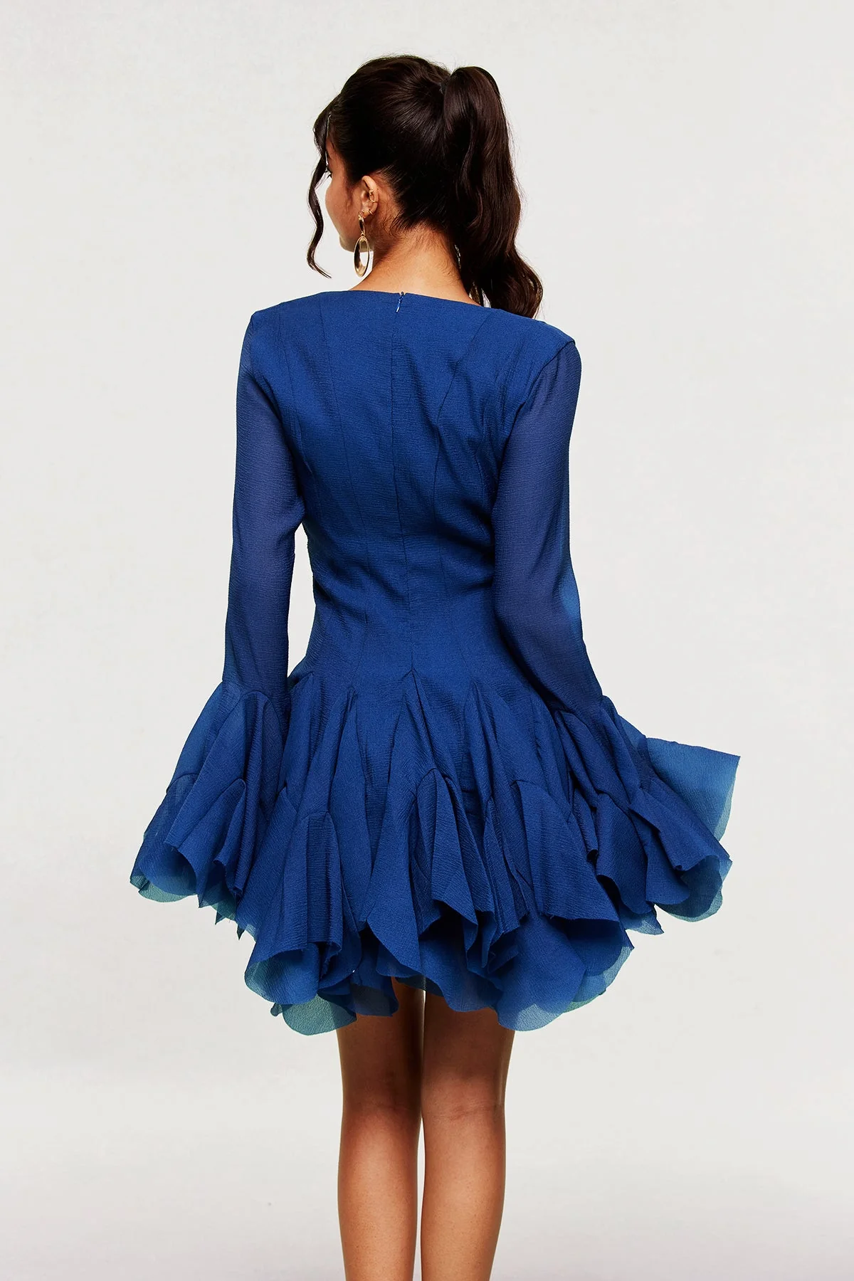 Ruffle Mesh Deep Blue Mini Dress Elegant Evening Wear