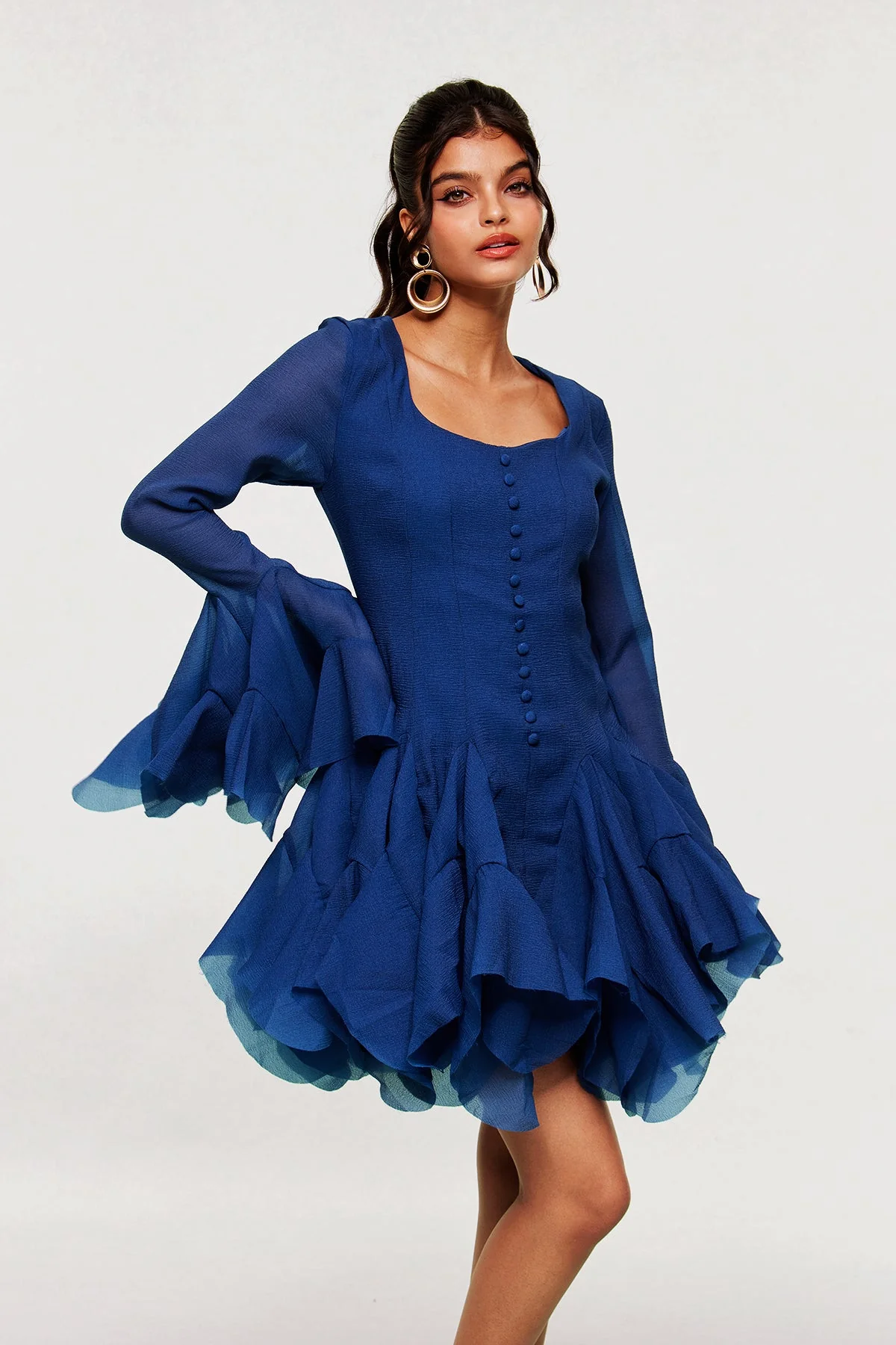 Ruffle Mesh Deep Blue Mini Dress Elegant Evening Wear