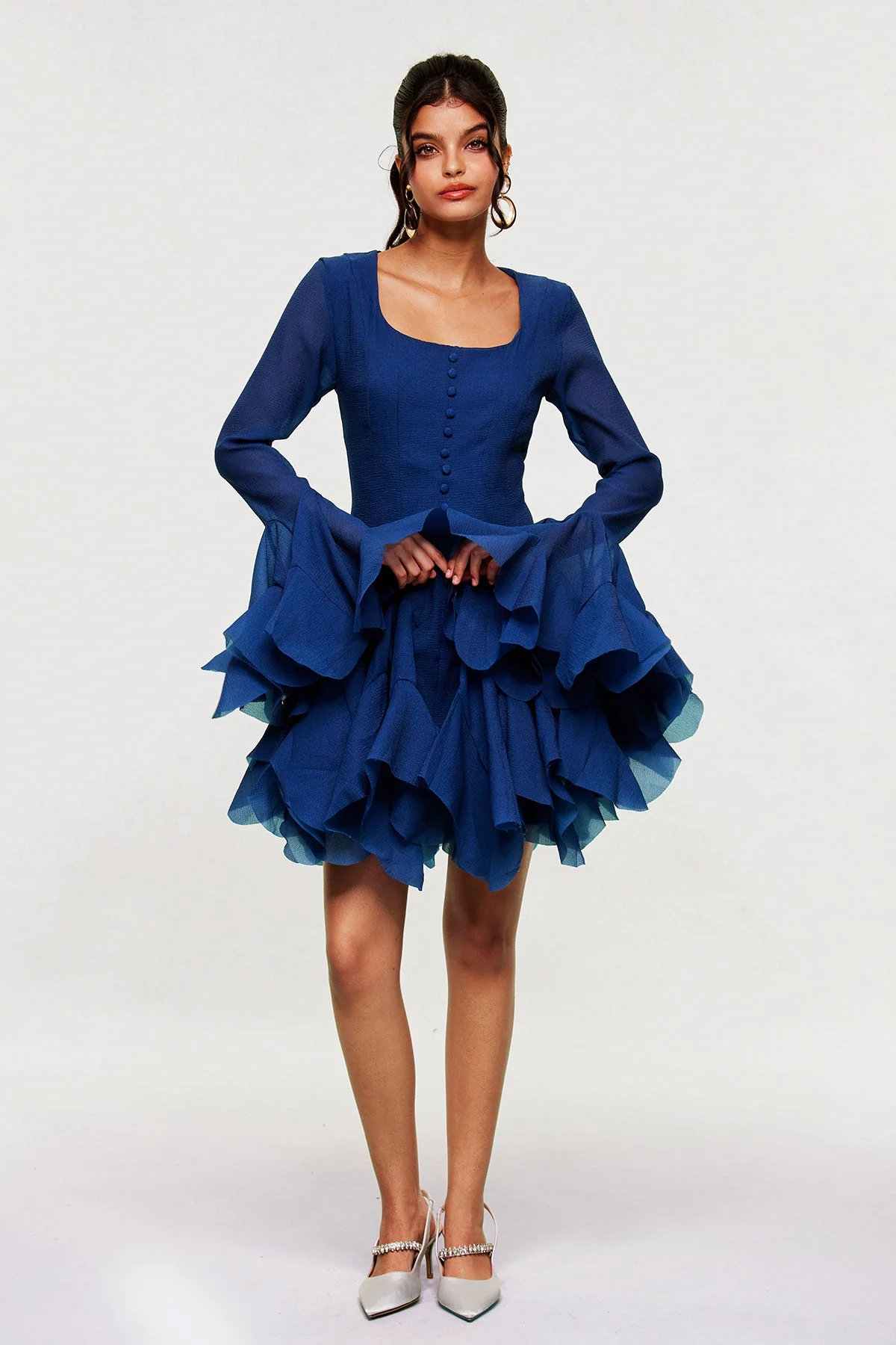 Ruffle Mesh Deep Blue Mini Dress Elegant Evening Wear