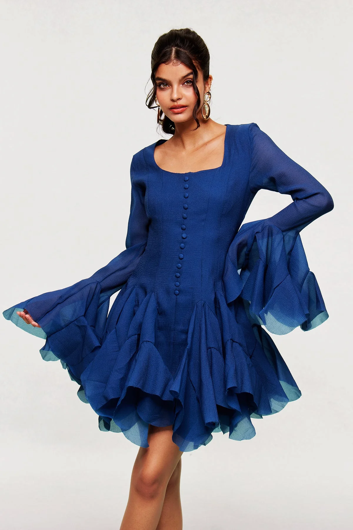 Ruffle Mesh Deep Blue Mini Dress Elegant Evening Wear