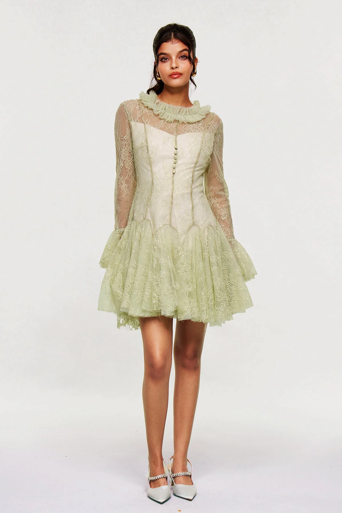 Green Lace Embroidered Ruffle Mini Dress