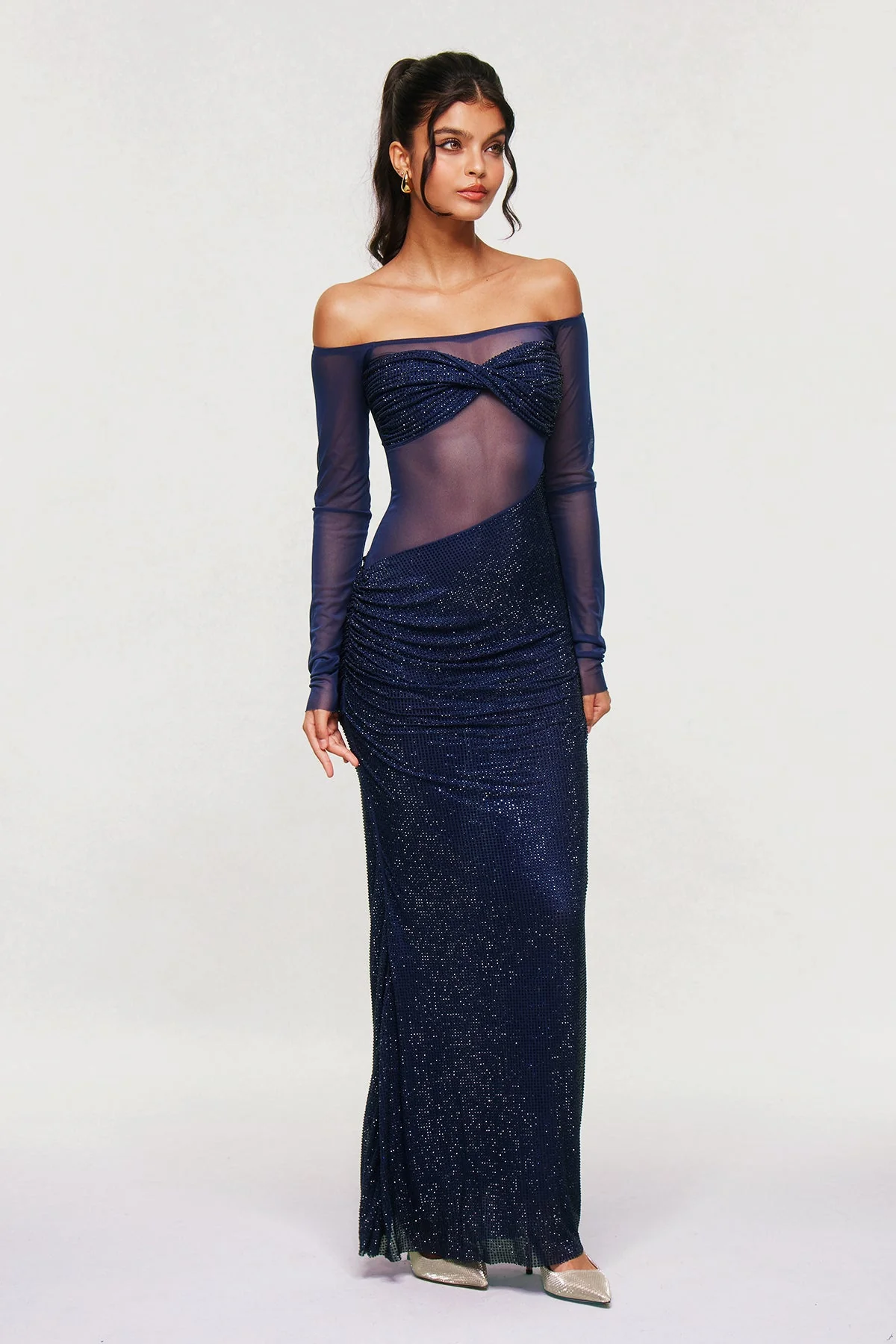 Purple Rhinestone Off Shoulder Maxi Dress