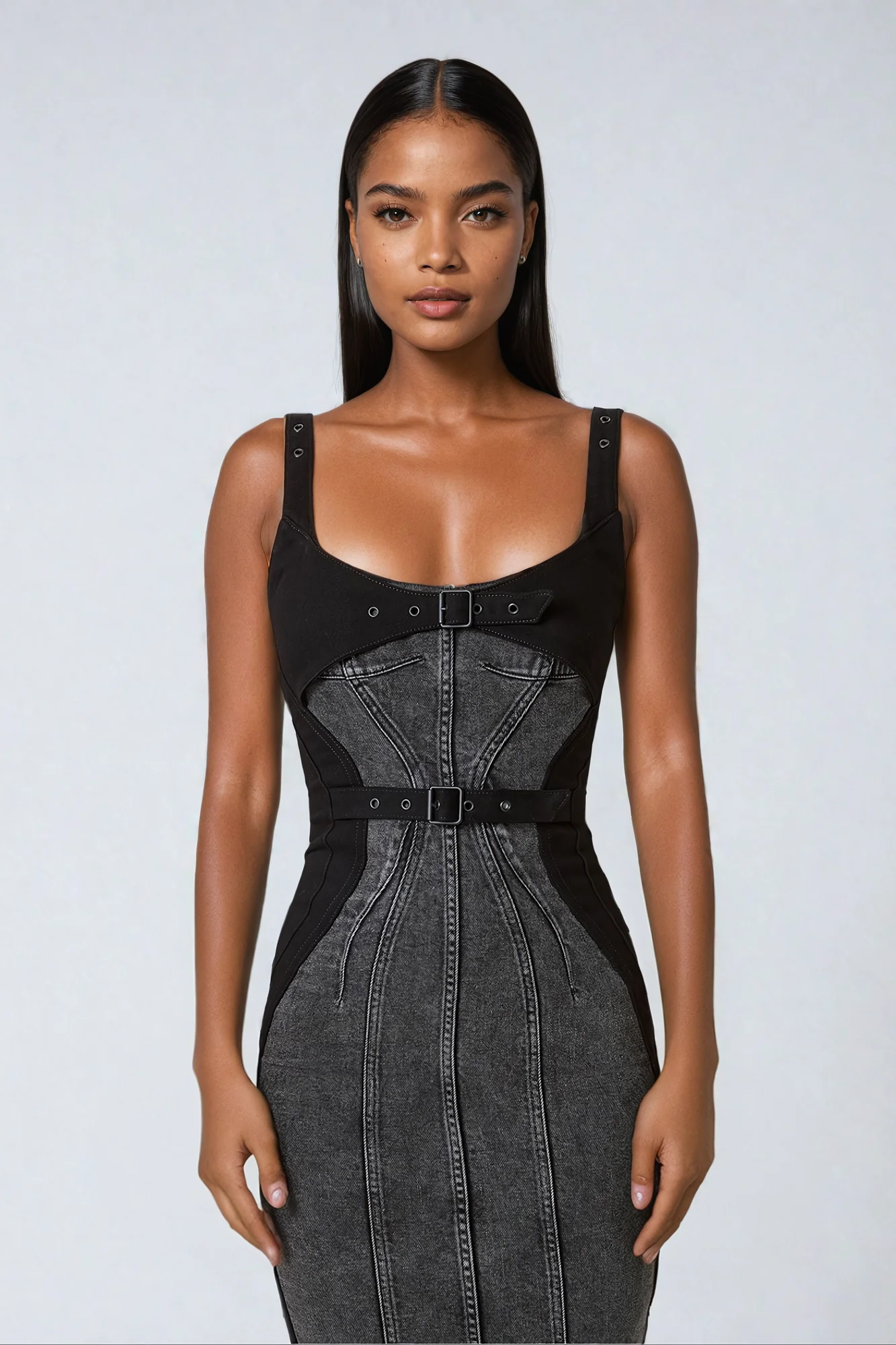Black Buckle Deconstruct Midi Dress - Sophisticated Style