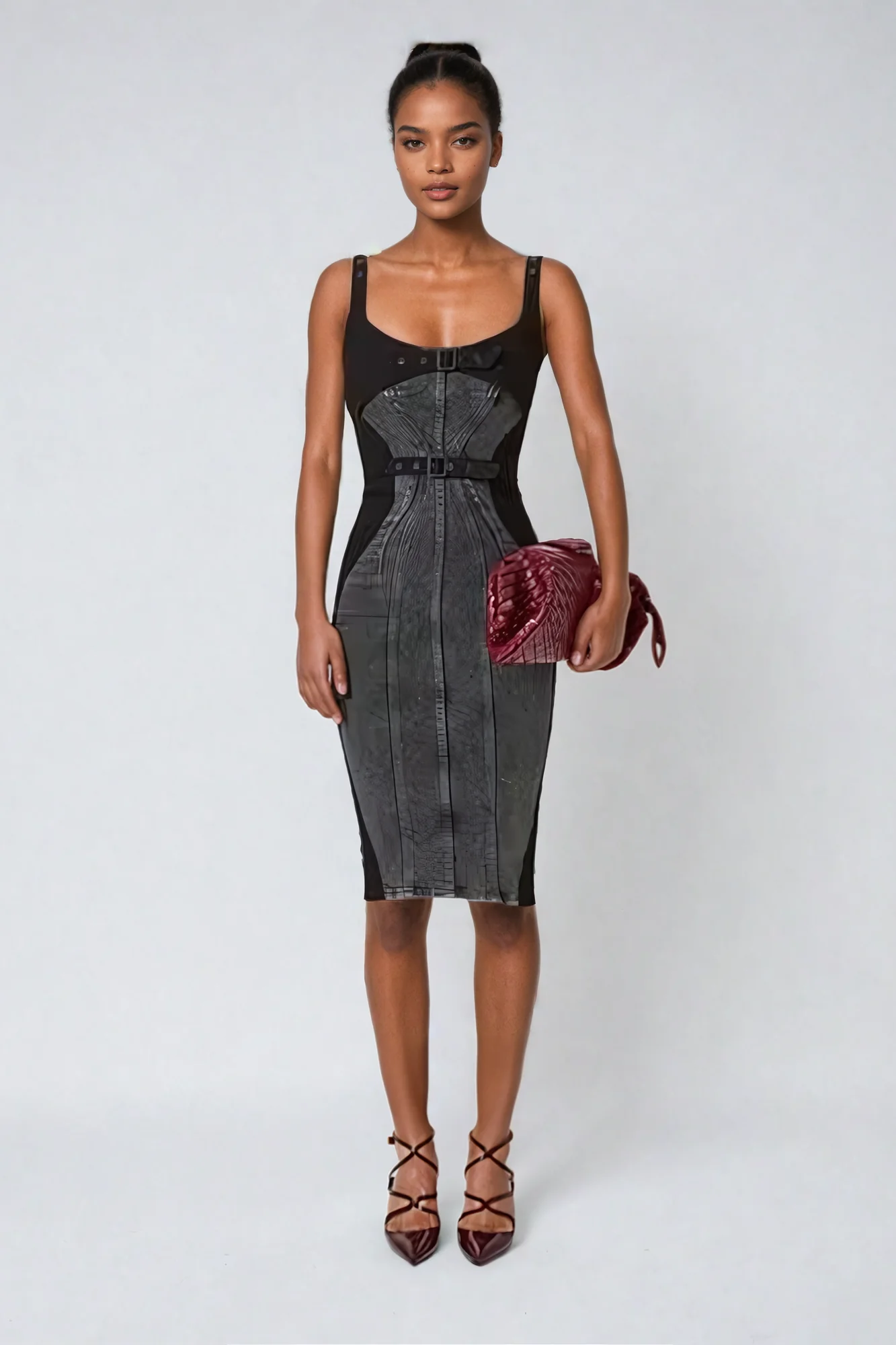 Black Buckle Deconstruct Midi Dress - Sophisticated Style