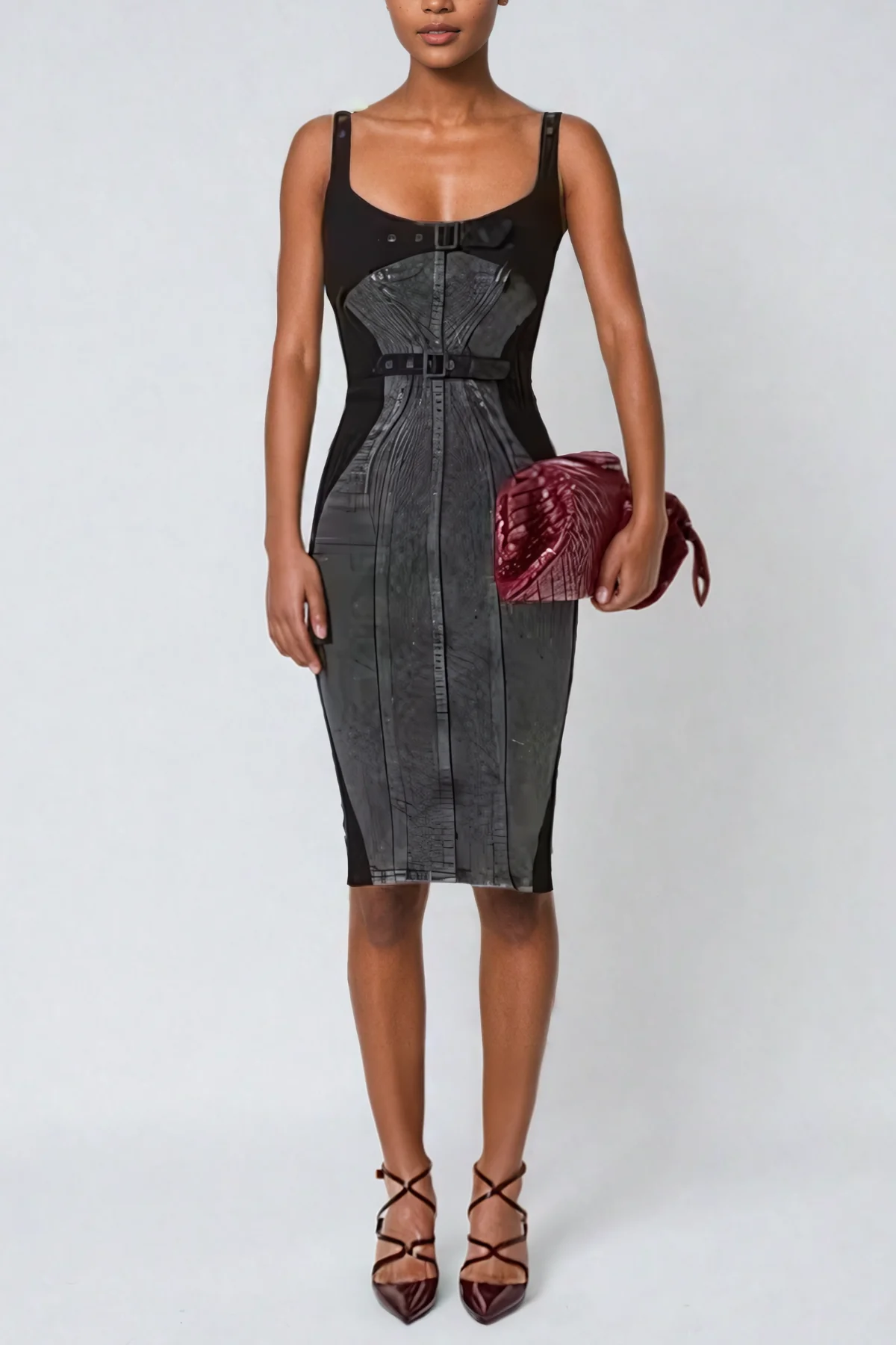 Black Buckle Deconstruct Midi Dress - Sophisticated Style
