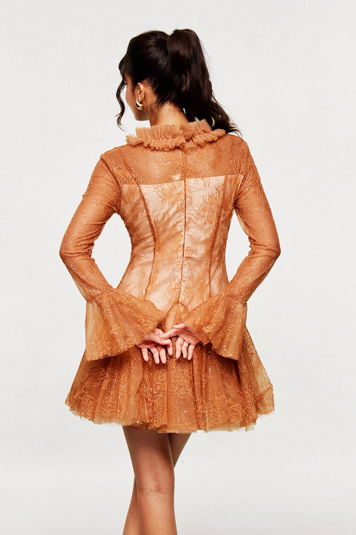 Brown Lace Embroidered Ruffle Mini Dress