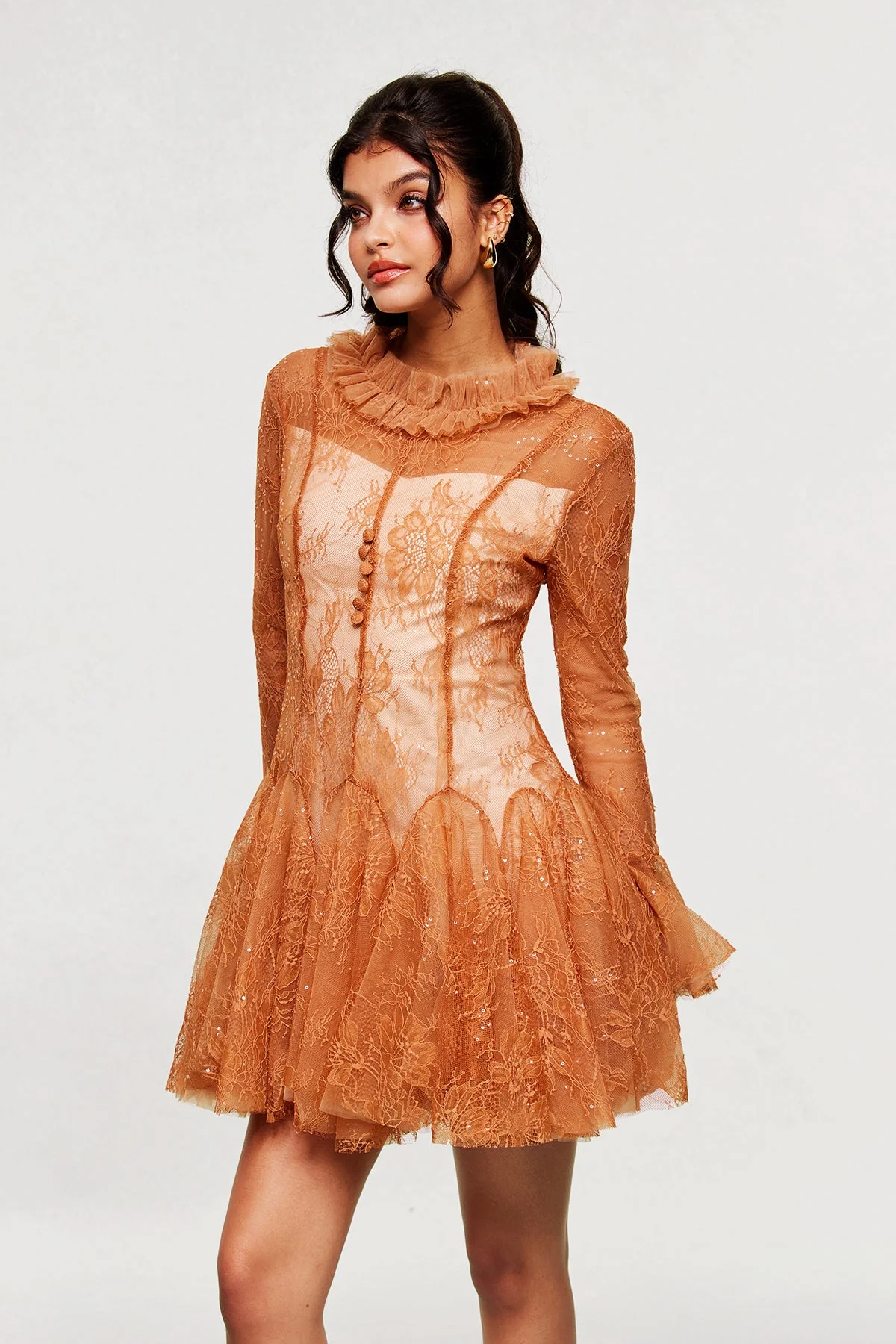 Brown Lace Embroidered Ruffle Mini Dress