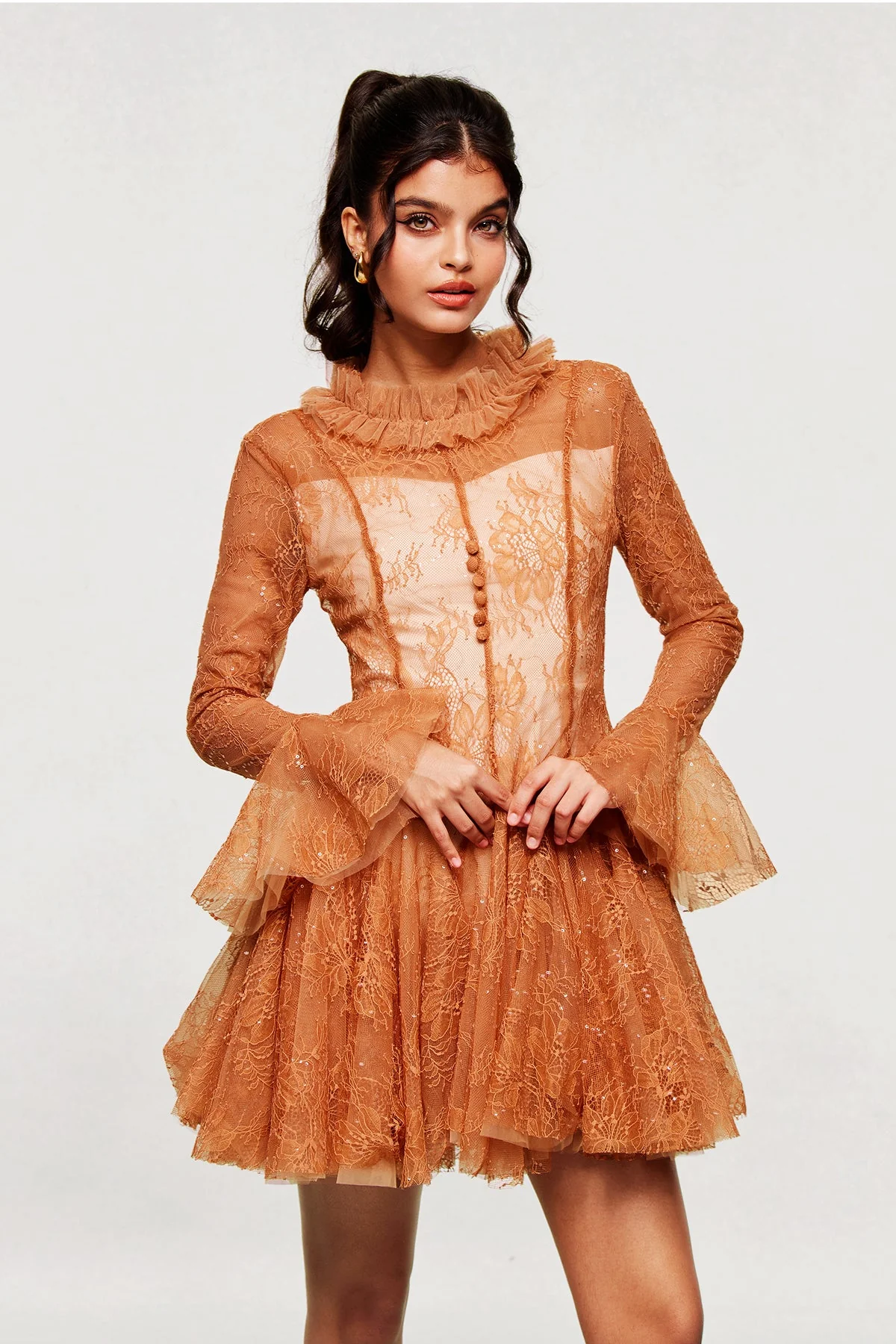 Brown Lace Embroidered Ruffle Mini Dress