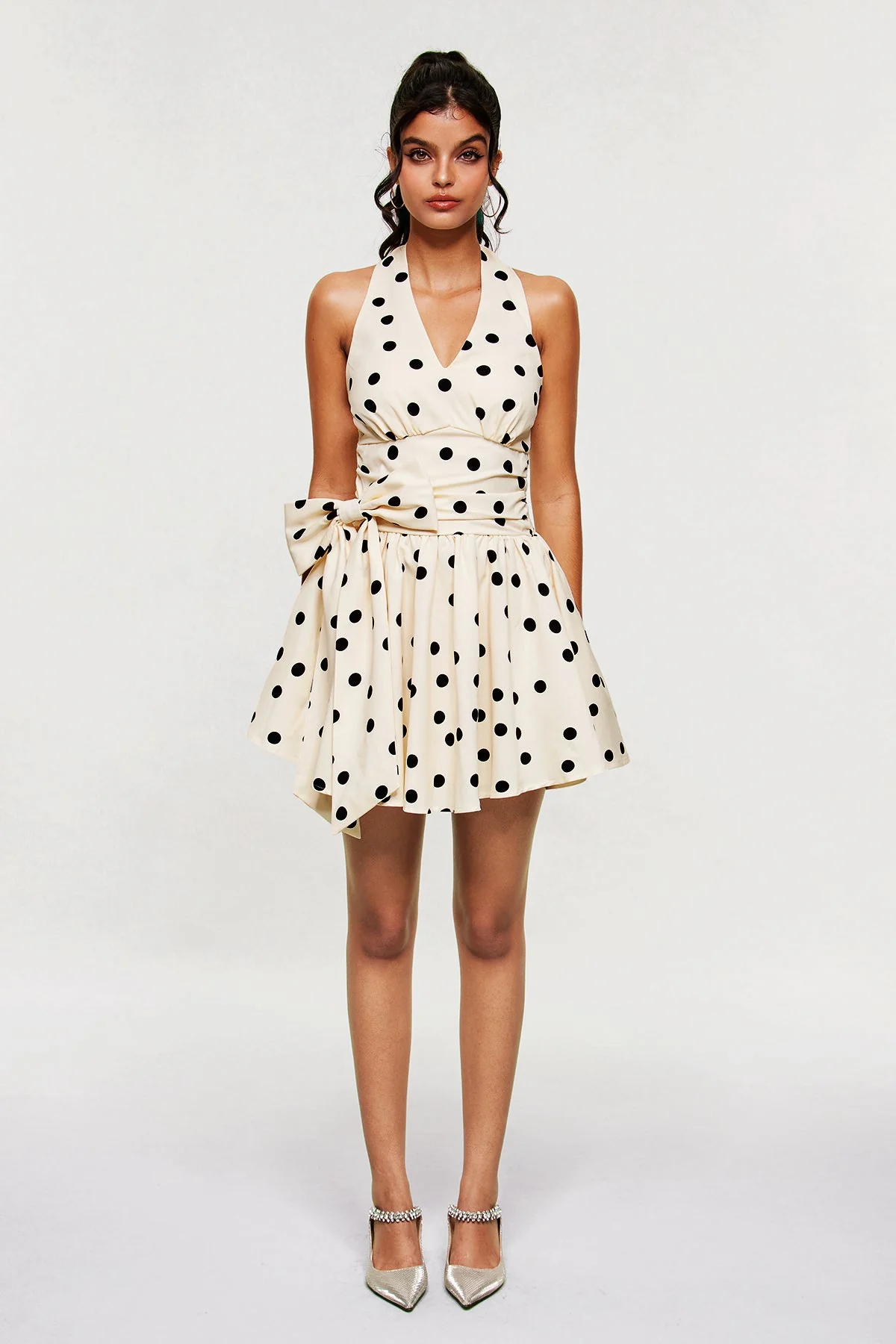 White Dot Bow Ruffle Mini Dress