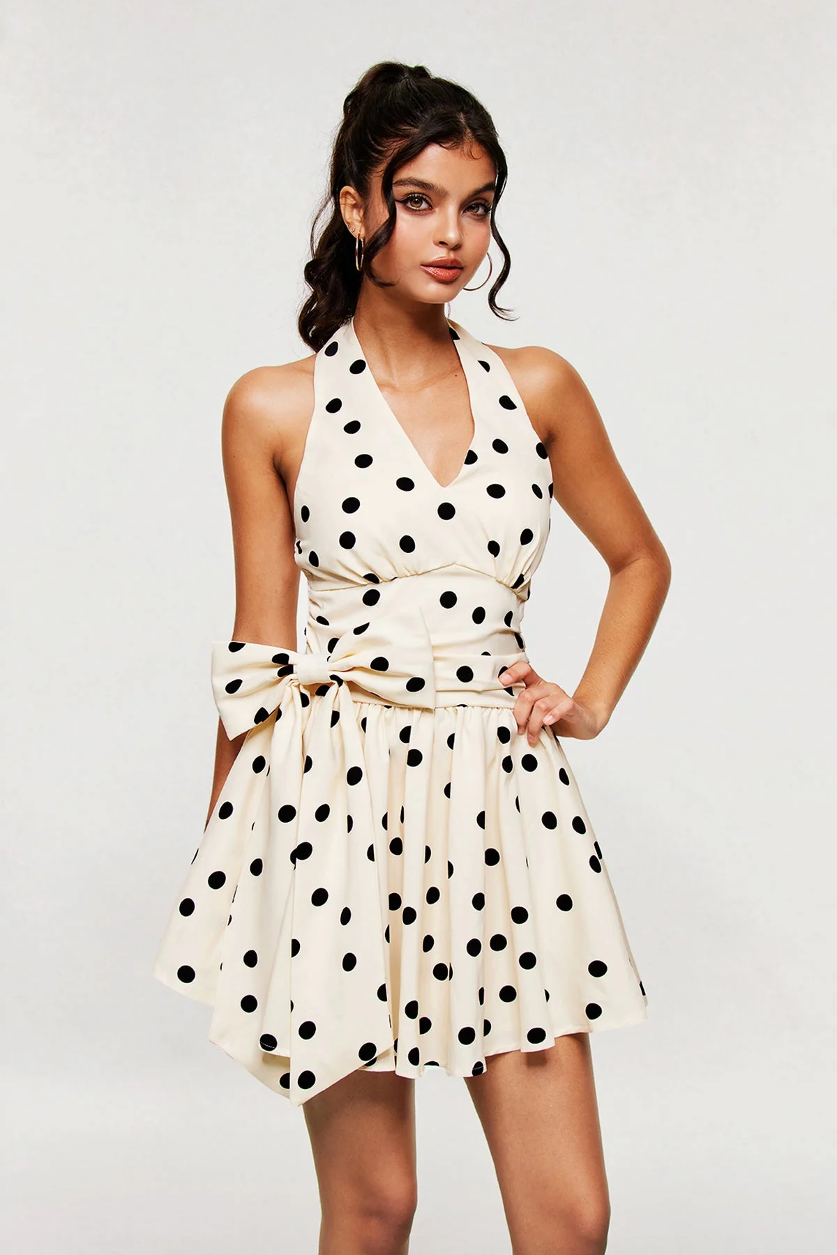 White Dot Bow Ruffle Mini Dress